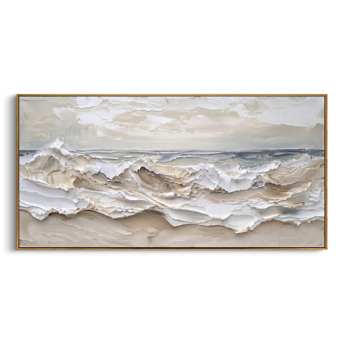 Cream Foamy Shoreline Relief focuses on this hand-painted textured canvas features layered water movement, raised seafoam ridges, shoreline texture, and coastal color depth. The composition is described from the actual main image, so the visible subject, color balance, spacing, and surface movement stay specific to this product instead of reading like a batch title. Raised palette-knife layers, sculpted impasto ridges, softened brush transitions, and tactile handmade texture give the canvas