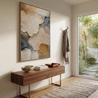 Cream Blue Ginkgo Leaf Relief focuses on this hand-painted textured canvas features sculpted petals, botanical contours, raised floral texture, and soft organic movement. The composition is described from the actual main image, so the visible subject, color balance, spacing, and surface movement stay specific to this product instead of reading like a batch title. Raised palette-knife layers, sculpted impasto ridges, softened brush transitions, and tactile handmade texture give the canvas