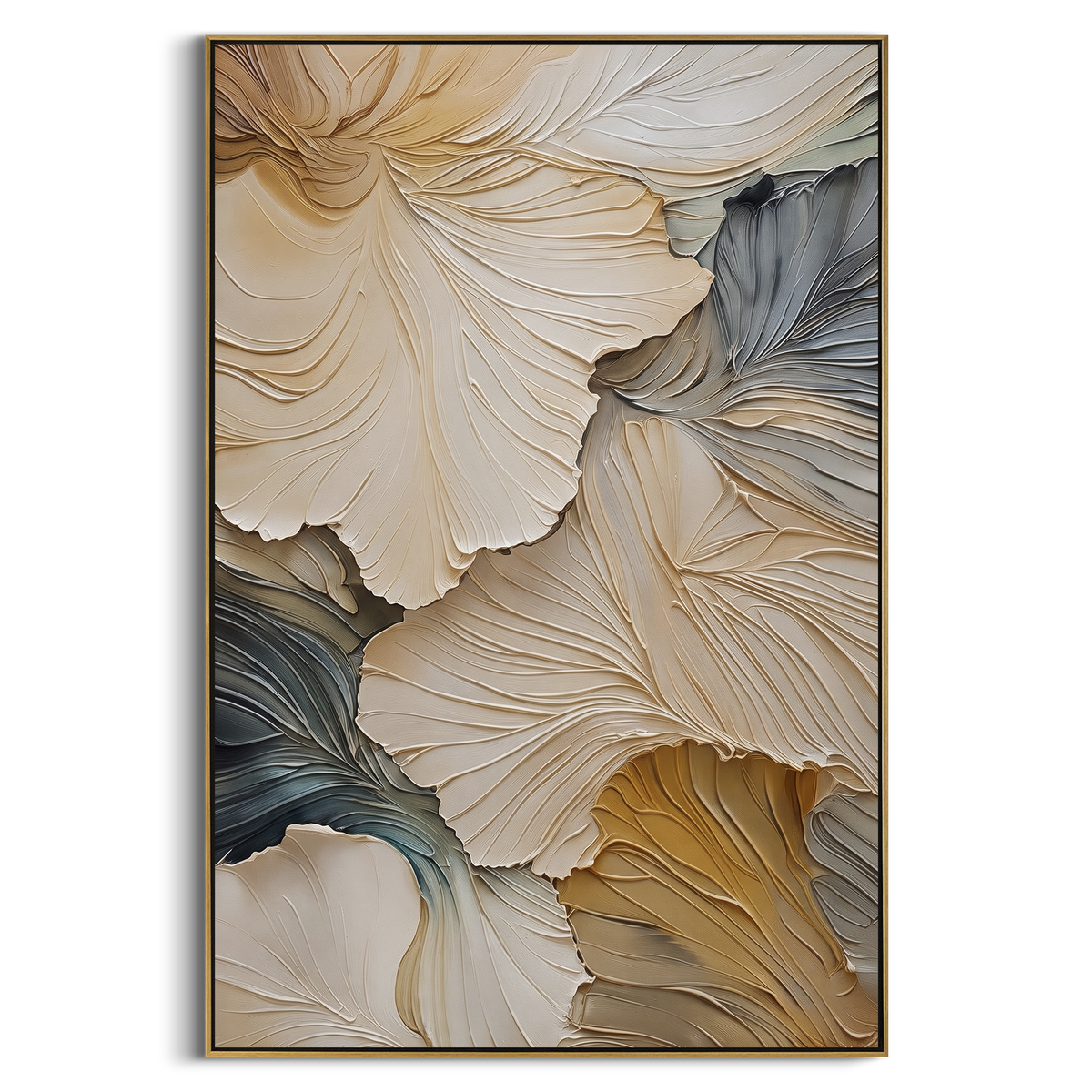 Cream Blue Ginkgo Leaf Relief focuses on this hand-painted textured canvas features sculpted petals, botanical contours, raised floral texture, and soft organic movement. The composition is described from the actual main image, so the visible subject, color balance, spacing, and surface movement stay specific to this product instead of reading like a batch title. Raised palette-knife layers, sculpted impasto ridges, softened brush transitions, and tactile handmade texture give the canvas
