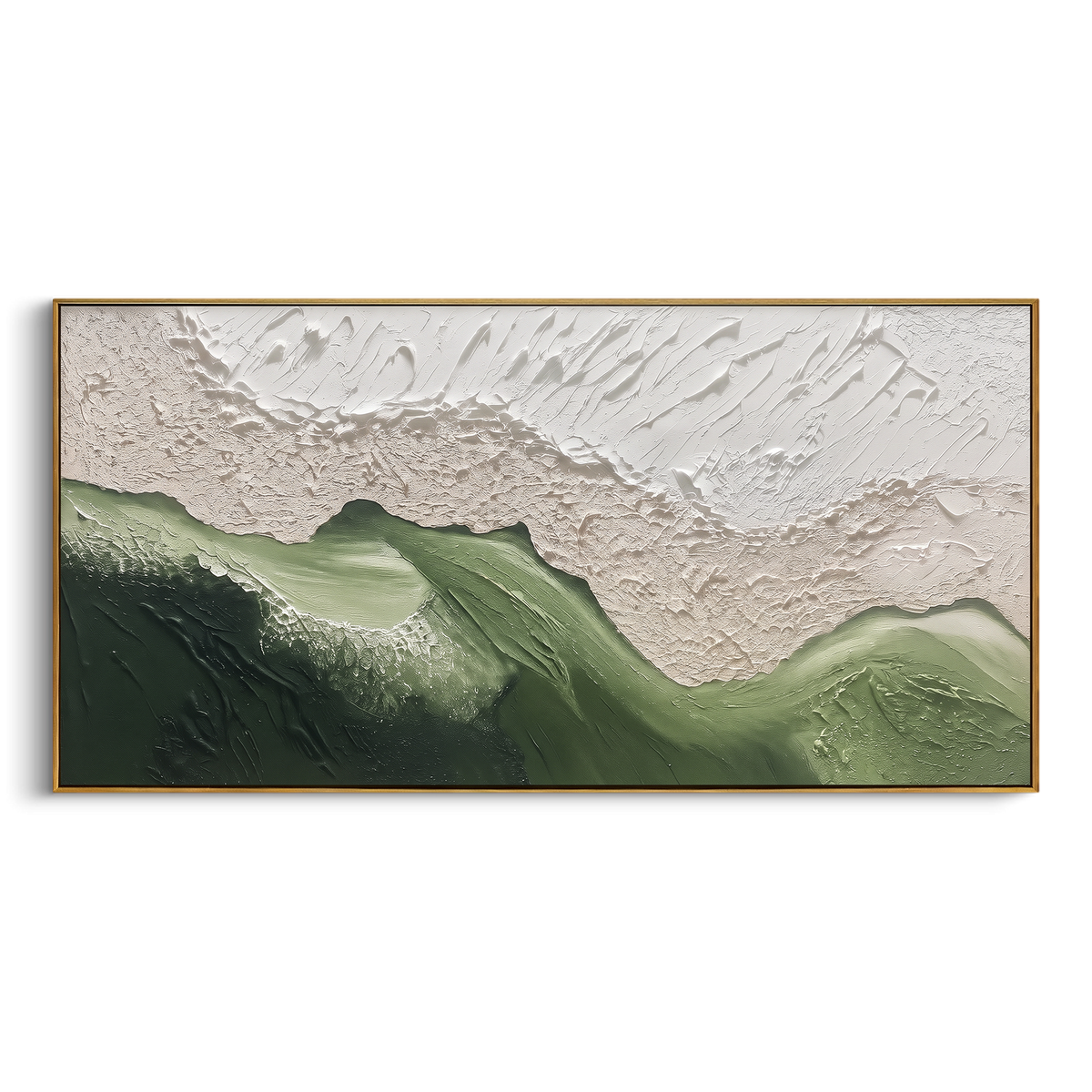 Green Mountain Crest Relief focuses on this hand-painted textured canvas features layered landforms, mineral color transitions, raised terrain ridges, and atmospheric depth. The composition is described from the actual main image, so the visible subject, color balance, spacing, and surface movement stay specific to this product instead of reading like a batch title. Raised palette-knife layers, sculpted impasto ridges, softened brush transitions, and tactile handmade texture give the canvas