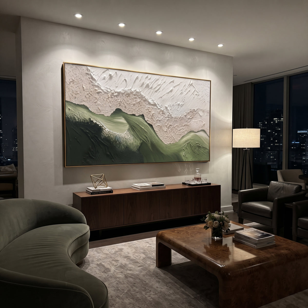 Green Mountain Crest Relief focuses on this hand-painted textured canvas features layered landforms, mineral color transitions, raised terrain ridges, and atmospheric depth. The composition is described from the actual main image, so the visible subject, color balance, spacing, and surface movement stay specific to this product instead of reading like a batch title. Raised palette-knife layers, sculpted impasto ridges, softened brush transitions, and tactile handmade texture give the canvas