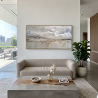 Misty Neutral Coast Relief focuses on this hand-painted textured canvas features layered water movement, raised seafoam ridges, shoreline texture, and coastal color depth. The composition is described from the actual main image, so the visible subject, color balance, spacing, and surface movement stay specific to this product instead of reading like a batch title. Raised palette-knife layers, sculpted impasto ridges, softened brush transitions, and tactile handmade texture give the canvas