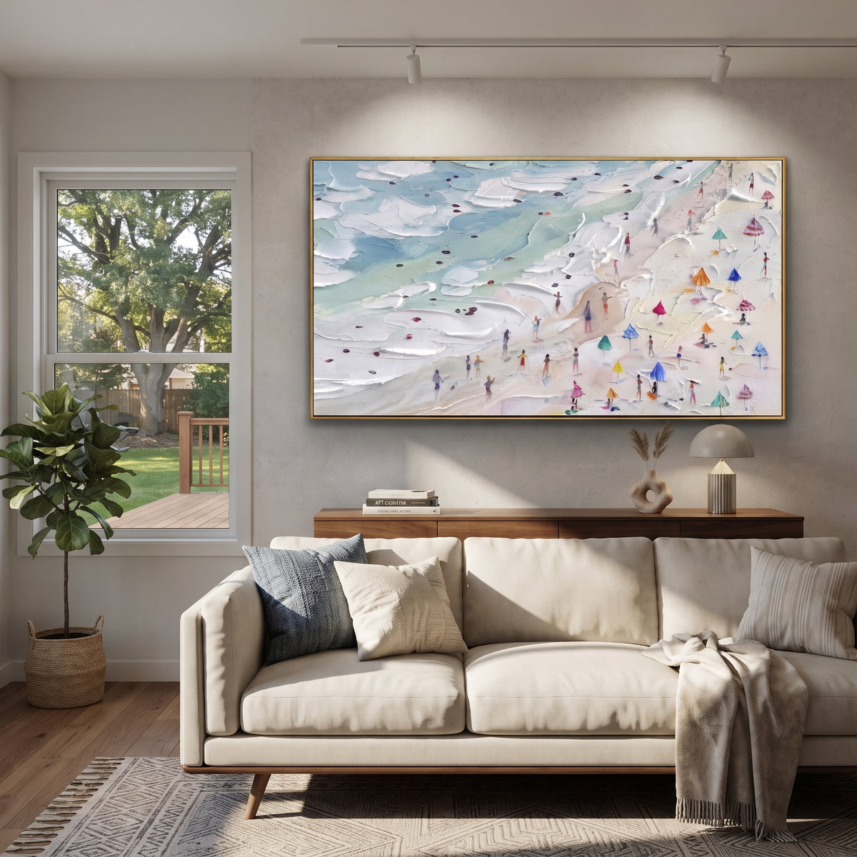 Aerial Beach Umbrella Crowd focuses on this hand-painted textured canvas features layered water movement, raised seafoam ridges, shoreline texture, and coastal color depth. The composition is described from the actual main image, so the visible subject, color balance, spacing, and surface movement stay specific to this product instead of reading like a batch title. Raised palette-knife layers, sculpted impasto ridges, softened brush transitions, and tactile handmade texture give the canvas