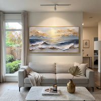 Golden Sunrise Ocean Wave focuses on this hand-painted textured canvas features layered water movement, raised seafoam ridges, shoreline texture, and coastal color depth. The composition is described from the actual main image, so the visible subject, color balance, spacing, and surface movement stay specific to this product instead of reading like a batch title. Raised palette-knife layers, sculpted impasto ridges, softened brush transitions, and tactile handmade texture give the canvas
