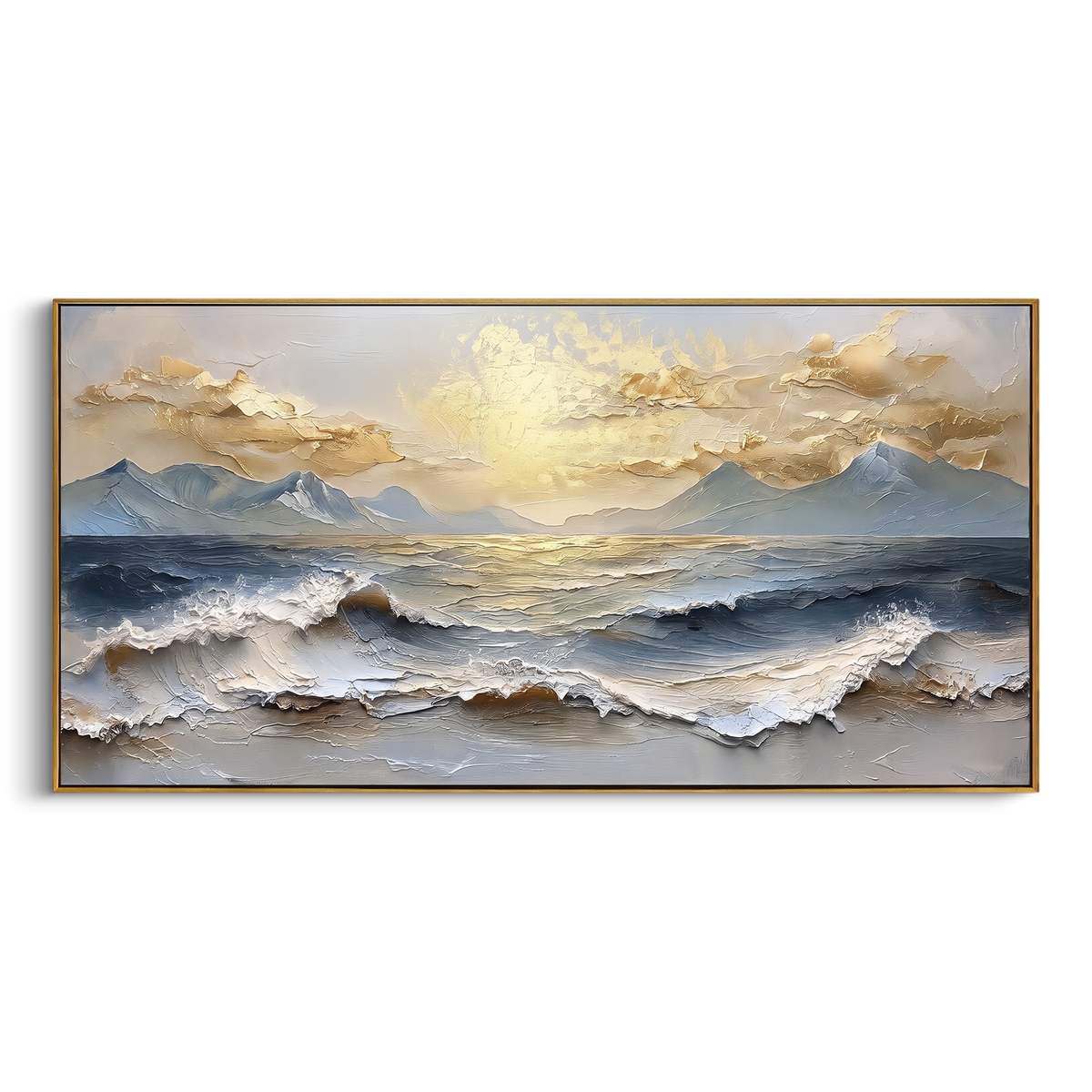 Golden Sunrise Ocean Wave focuses on this hand-painted textured canvas features layered water movement, raised seafoam ridges, shoreline texture, and coastal color depth. The composition is described from the actual main image, so the visible subject, color balance, spacing, and surface movement stay specific to this product instead of reading like a batch title. Raised palette-knife layers, sculpted impasto ridges, softened brush transitions, and tactile handmade texture give the canvas