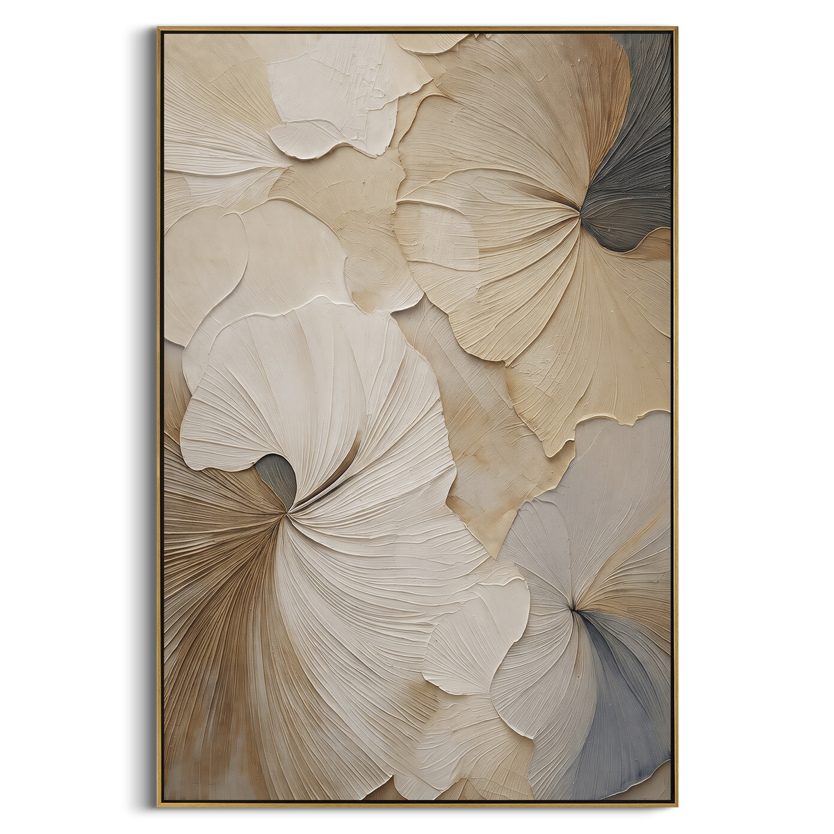Layered Cream Floral Relief focuses on this hand-painted textured canvas features sculpted petals, botanical contours, raised floral texture, and soft organic movement. The composition is described from the actual main image, so the visible subject, color balance, spacing, and surface movement stay specific to this product instead of reading like a batch title. Raised palette-knife layers, sculpted impasto ridges, softened brush transitions, and tactile handmade texture give the canvas