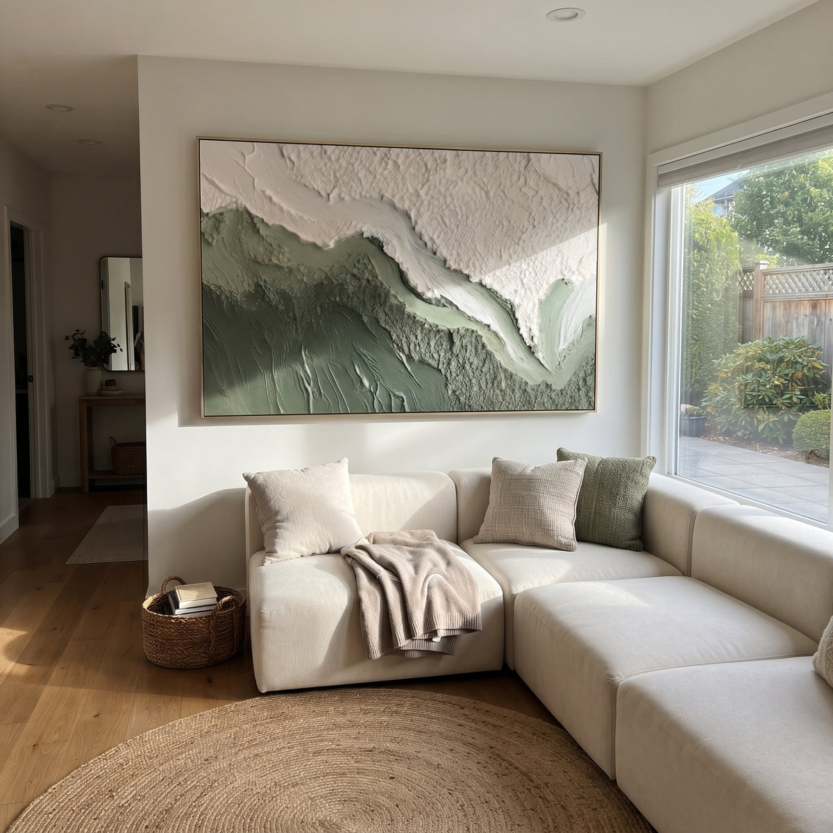 Green White Mountain Wave Relief focuses on this hand-painted textured canvas features layered water movement, raised seafoam ridges, shoreline texture, and coastal color depth. The composition is described from the actual main image, so the visible subject, color balance, spacing, and surface movement stay specific to this product instead of reading like a batch title. Raised palette-knife layers, sculpted impasto ridges, softened brush transitions, and tactile handmade texture give the canvas