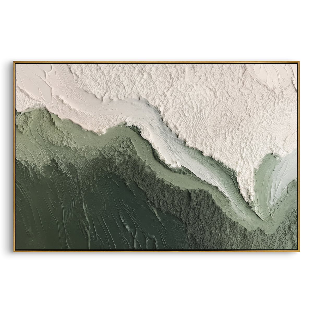 Green White Mountain Wave Relief focuses on this hand-painted textured canvas features layered water movement, raised seafoam ridges, shoreline texture, and coastal color depth. The composition is described from the actual main image, so the visible subject, color balance, spacing, and surface movement stay specific to this product instead of reading like a batch title. Raised palette-knife layers, sculpted impasto ridges, softened brush transitions, and tactile handmade texture give the canvas