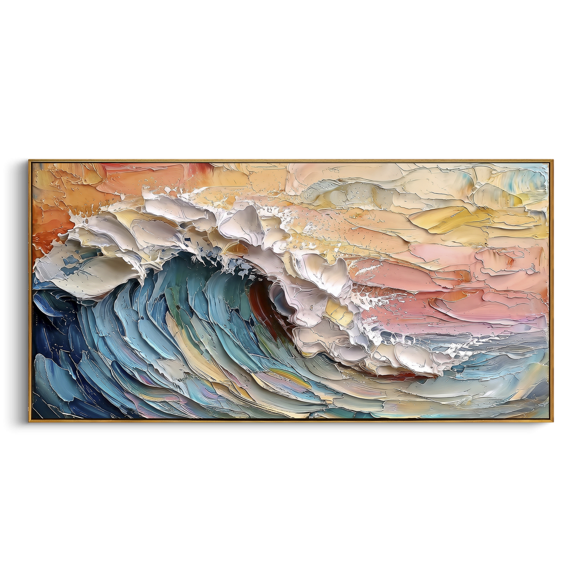 Colorful Pastel Barrel Wave focuses on this hand-painted textured canvas features layered water movement, raised seafoam ridges, shoreline texture, and coastal color depth. The composition is described from the actual main image, so the visible subject, color balance, spacing, and surface movement stay specific to this product instead of reading like a batch title. Raised palette-knife layers, sculpted impasto ridges, softened brush transitions, and tactile handmade texture give the canvas