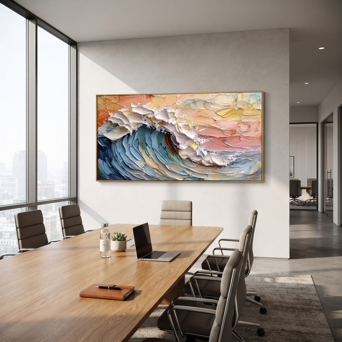 Colorful Pastel Barrel Wave focuses on this hand-painted textured canvas features layered water movement, raised seafoam ridges, shoreline texture, and coastal color depth. The composition is described from the actual main image, so the visible subject, color balance, spacing, and surface movement stay specific to this product instead of reading like a batch title. Raised palette-knife layers, sculpted impasto ridges, softened brush transitions, and tactile handmade texture give the canvas