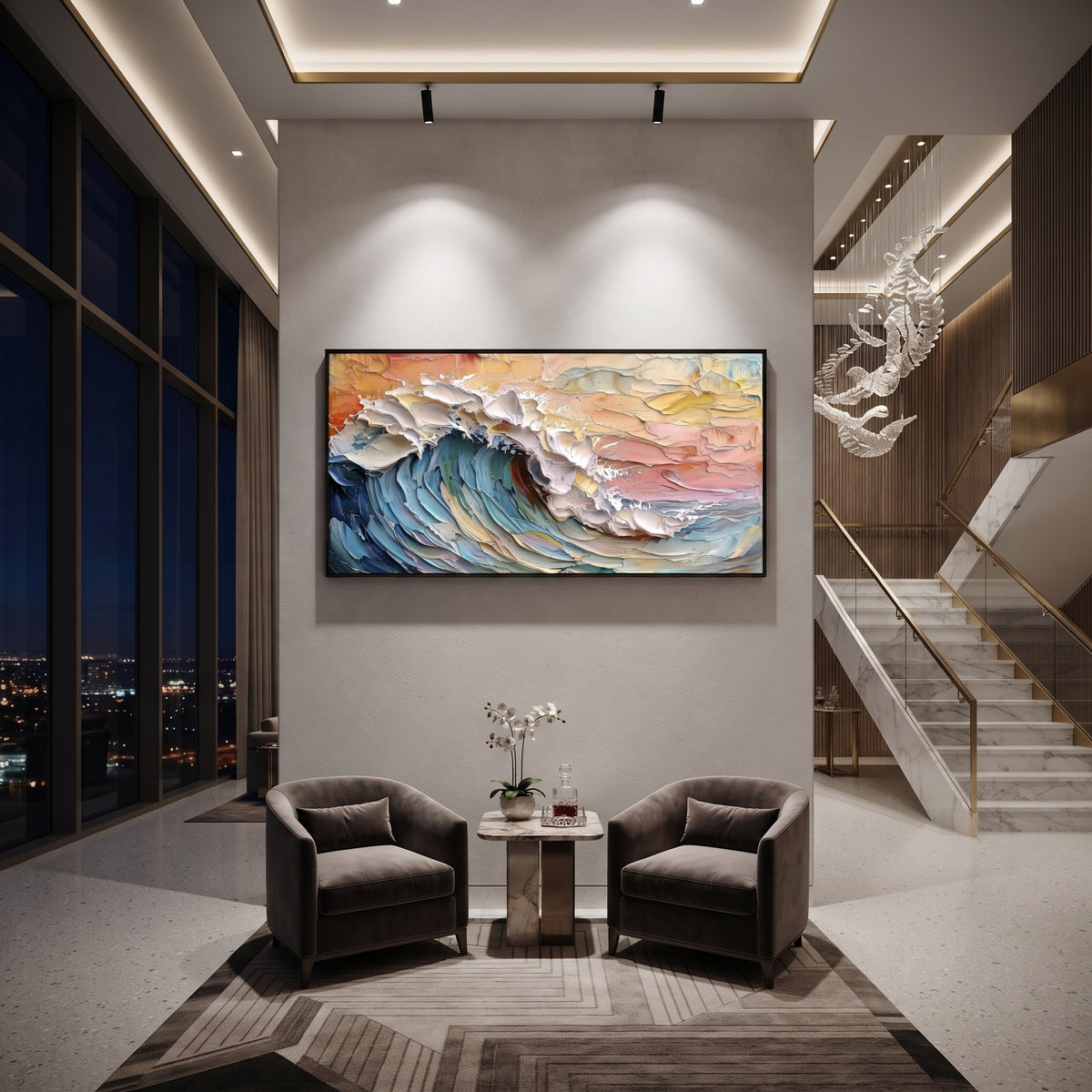 Colorful Pastel Barrel Wave focuses on this hand-painted textured canvas features layered water movement, raised seafoam ridges, shoreline texture, and coastal color depth. The composition is described from the actual main image, so the visible subject, color balance, spacing, and surface movement stay specific to this product instead of reading like a batch title. Raised palette-knife layers, sculpted impasto ridges, softened brush transitions, and tactile handmade texture give the canvas