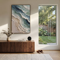 Turquoise Aerial Shoreline Relief focuses on this hand-painted textured canvas features layered water movement, raised seafoam ridges, shoreline texture, and coastal color depth. The title and description are matched to the actual main image, so the visible subject, color balance, spacing, and surface movement stay specific to this product instead of using a repeated batch phrase. Raised palette-knife layers, sculpted impasto ridges, softened brush transitions, and tactile handmade texture give
