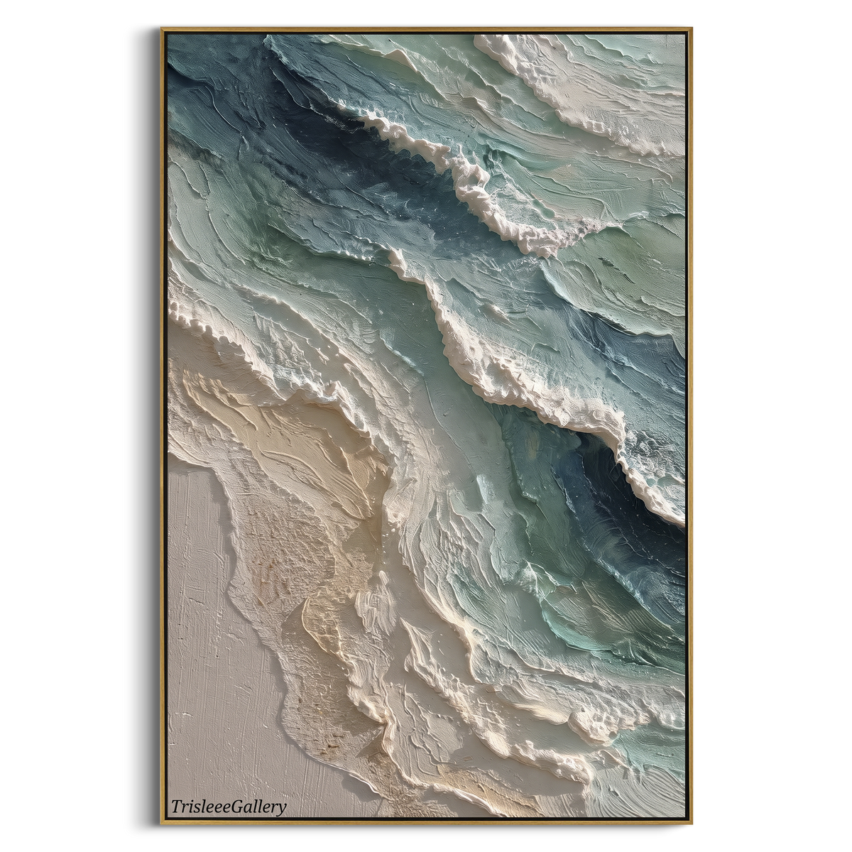Turquoise Aerial Shoreline Relief focuses on this hand-painted textured canvas features layered water movement, raised seafoam ridges, shoreline texture, and coastal color depth. The title and description are matched to the actual main image, so the visible subject, color balance, spacing, and surface movement stay specific to this product instead of using a repeated batch phrase. Raised palette-knife layers, sculpted impasto ridges, softened brush transitions, and tactile handmade texture give