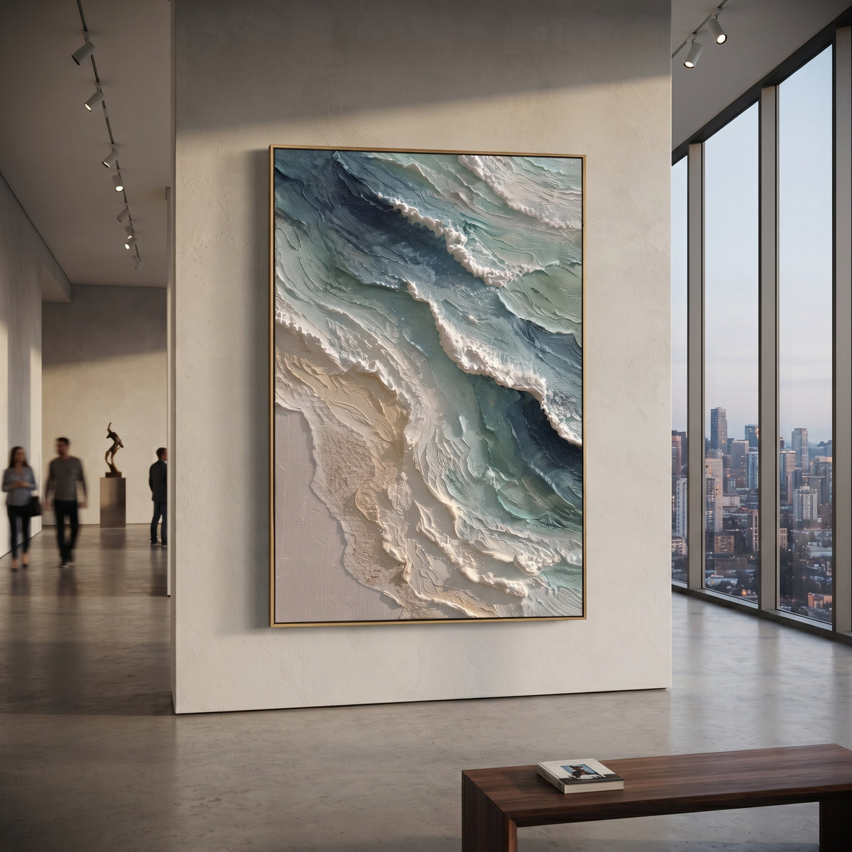 Turquoise Aerial Shoreline Relief focuses on this hand-painted textured canvas features layered water movement, raised seafoam ridges, shoreline texture, and coastal color depth. The title and description are matched to the actual main image, so the visible subject, color balance, spacing, and surface movement stay specific to this product instead of using a repeated batch phrase. Raised palette-knife layers, sculpted impasto ridges, softened brush transitions, and tactile handmade texture give