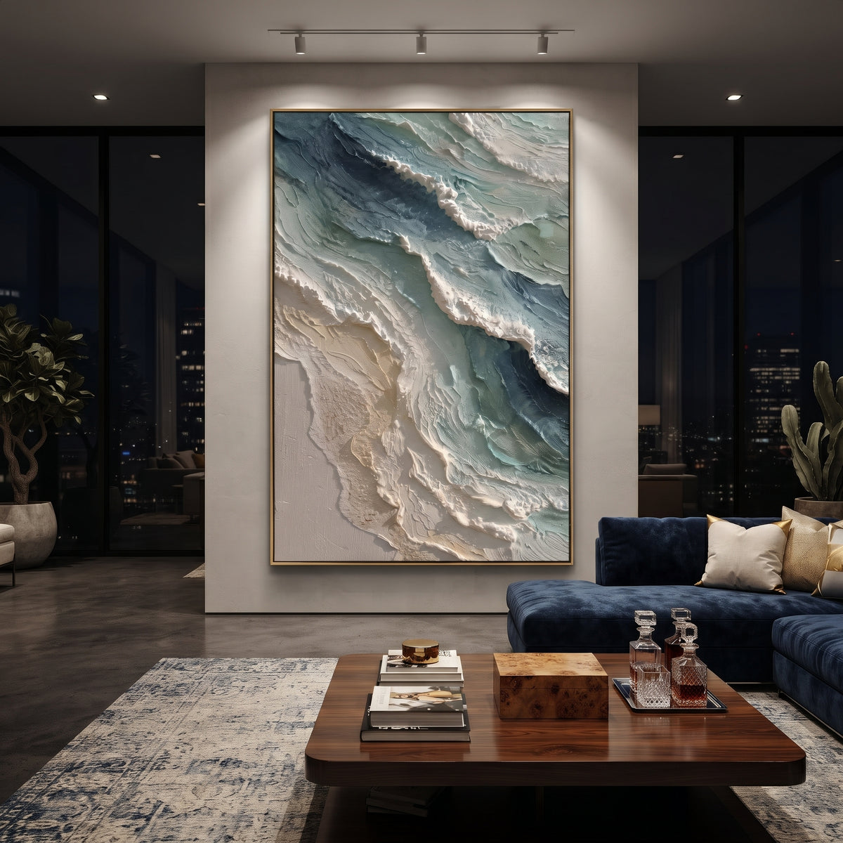 Turquoise Aerial Shoreline Relief focuses on this hand-painted textured canvas features layered water movement, raised seafoam ridges, shoreline texture, and coastal color depth. The title and description are matched to the actual main image, so the visible subject, color balance, spacing, and surface movement stay specific to this product instead of using a repeated batch phrase. Raised palette-knife layers, sculpted impasto ridges, softened brush transitions, and tactile handmade texture give