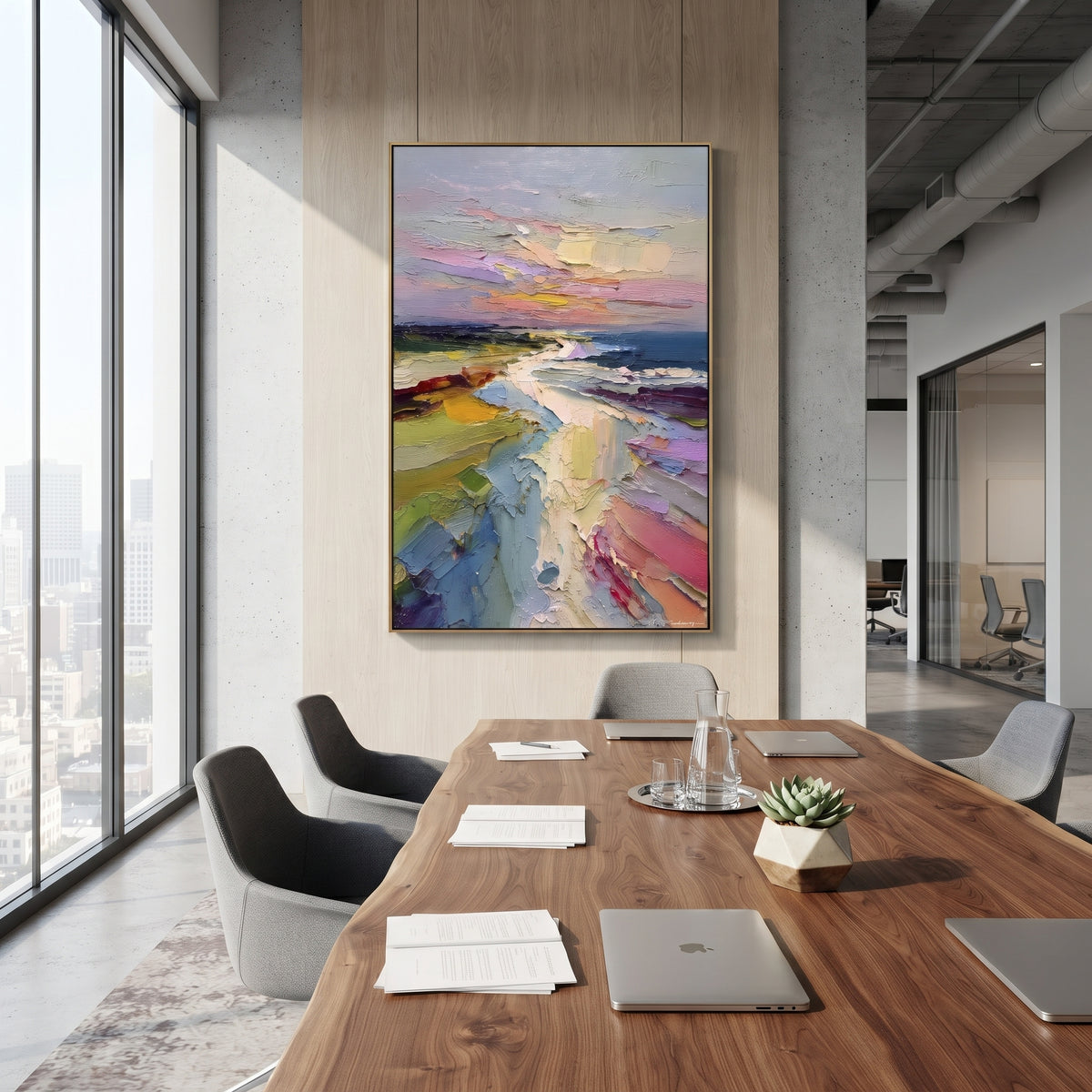 Colorful Coastal Sunset Path focuses on this hand-painted textured canvas features layered water movement, raised seafoam ridges, shoreline texture, and coastal color depth. The composition is described from the actual main image, so the visible subject, color balance, spacing, and surface movement stay specific to this product instead of reading like a batch title. Raised palette-knife layers, sculpted impasto ridges, softened brush transitions, and tactile handmade texture give the canvas
