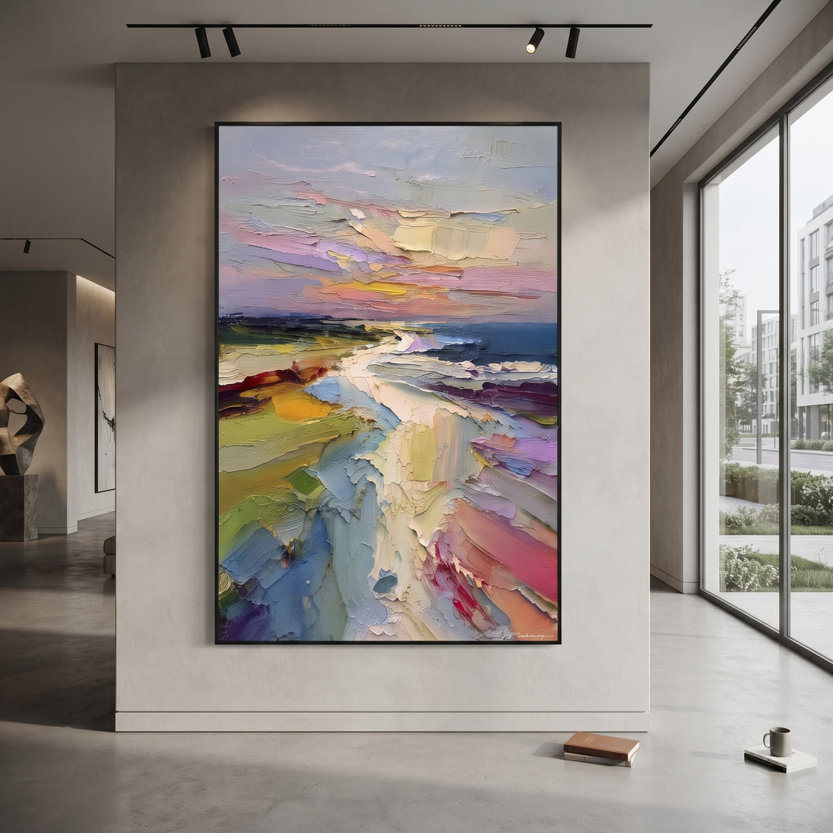Colorful Coastal Sunset Path focuses on this hand-painted textured canvas features layered water movement, raised seafoam ridges, shoreline texture, and coastal color depth. The composition is described from the actual main image, so the visible subject, color balance, spacing, and surface movement stay specific to this product instead of reading like a batch title. Raised palette-knife layers, sculpted impasto ridges, softened brush transitions, and tactile handmade texture give the canvas