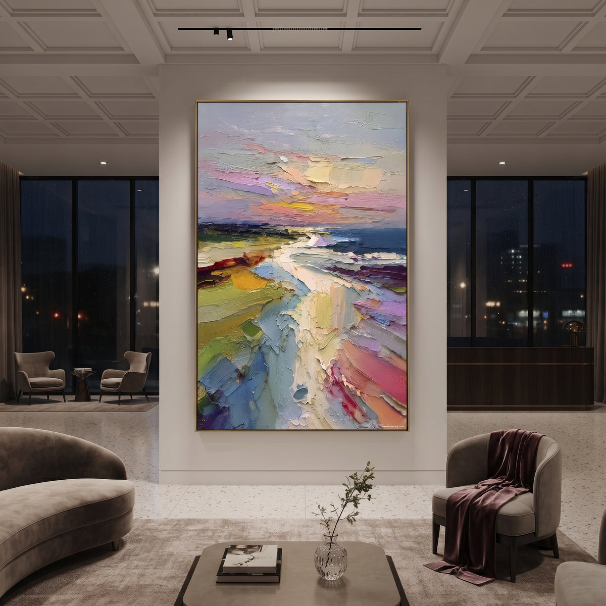 Colorful Coastal Sunset Path focuses on this hand-painted textured canvas features layered water movement, raised seafoam ridges, shoreline texture, and coastal color depth. The composition is described from the actual main image, so the visible subject, color balance, spacing, and surface movement stay specific to this product instead of reading like a batch title. Raised palette-knife layers, sculpted impasto ridges, softened brush transitions, and tactile handmade texture give the canvas