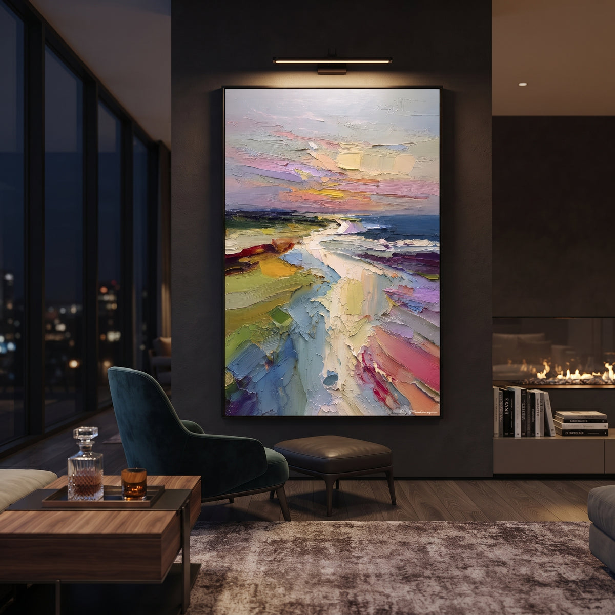 Colorful Coastal Sunset Path focuses on this hand-painted textured canvas features layered water movement, raised seafoam ridges, shoreline texture, and coastal color depth. The composition is described from the actual main image, so the visible subject, color balance, spacing, and surface movement stay specific to this product instead of reading like a batch title. Raised palette-knife layers, sculpted impasto ridges, softened brush transitions, and tactile handmade texture give the canvas
