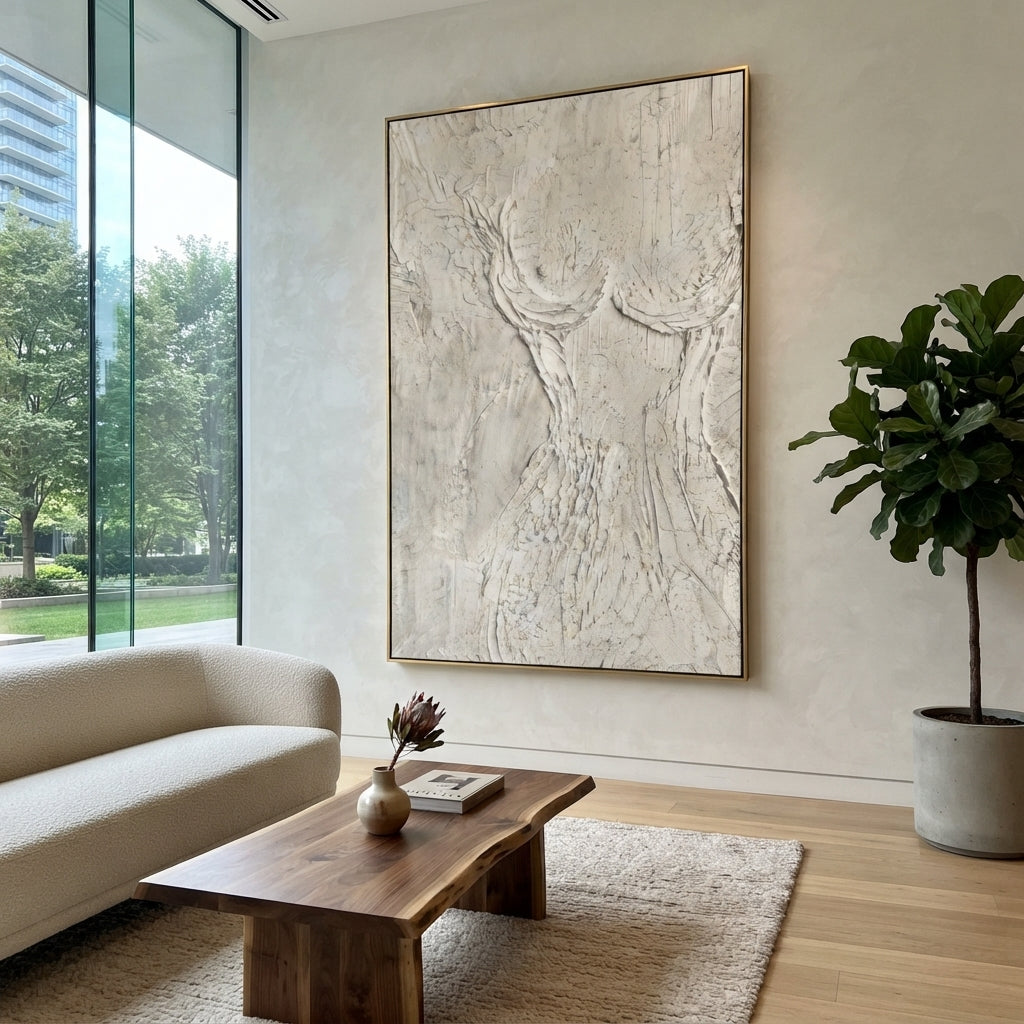 White Line Figure Relief focuses on this hand-painted textured canvas features human figures, softened movement, expressive color accents, and palette-knife surface texture. The composition is described from the actual main image, so the visible subject, color balance, spacing, and surface movement stay specific to this product instead of reading like a batch title. Raised palette-knife layers, sculpted impasto ridges, softened brush transitions, and tactile handmade texture give the canvas
