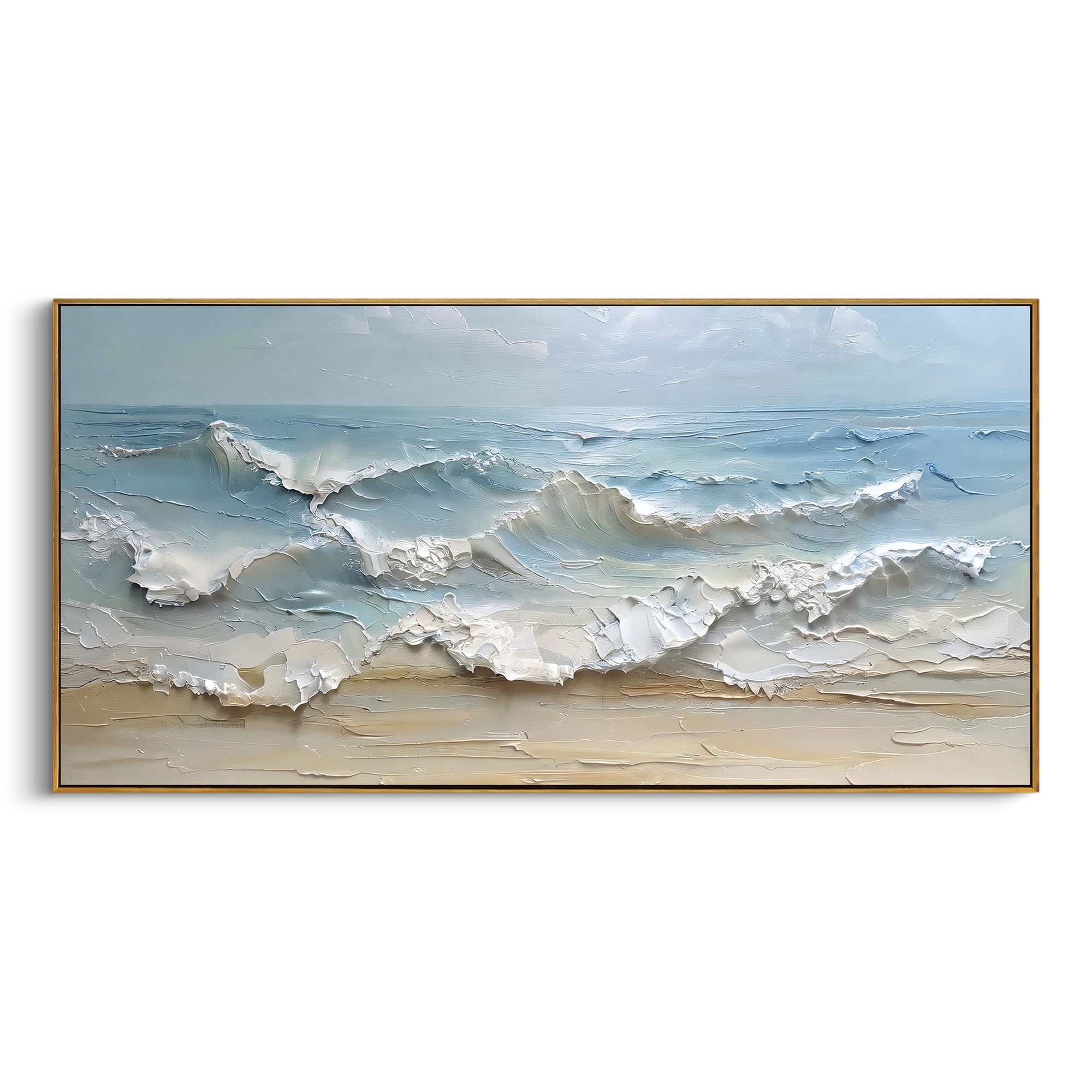 Pale Blue Shore Break Relief focuses on this hand-painted textured canvas features layered water movement, raised seafoam ridges, shoreline texture, and coastal color depth. The composition is described from the actual main image, so the visible subject, color balance, spacing, and surface movement stay specific to this product instead of reading like a batch title. Raised palette-knife layers, sculpted impasto ridges, softened brush transitions, and tactile handmade texture give the canvas