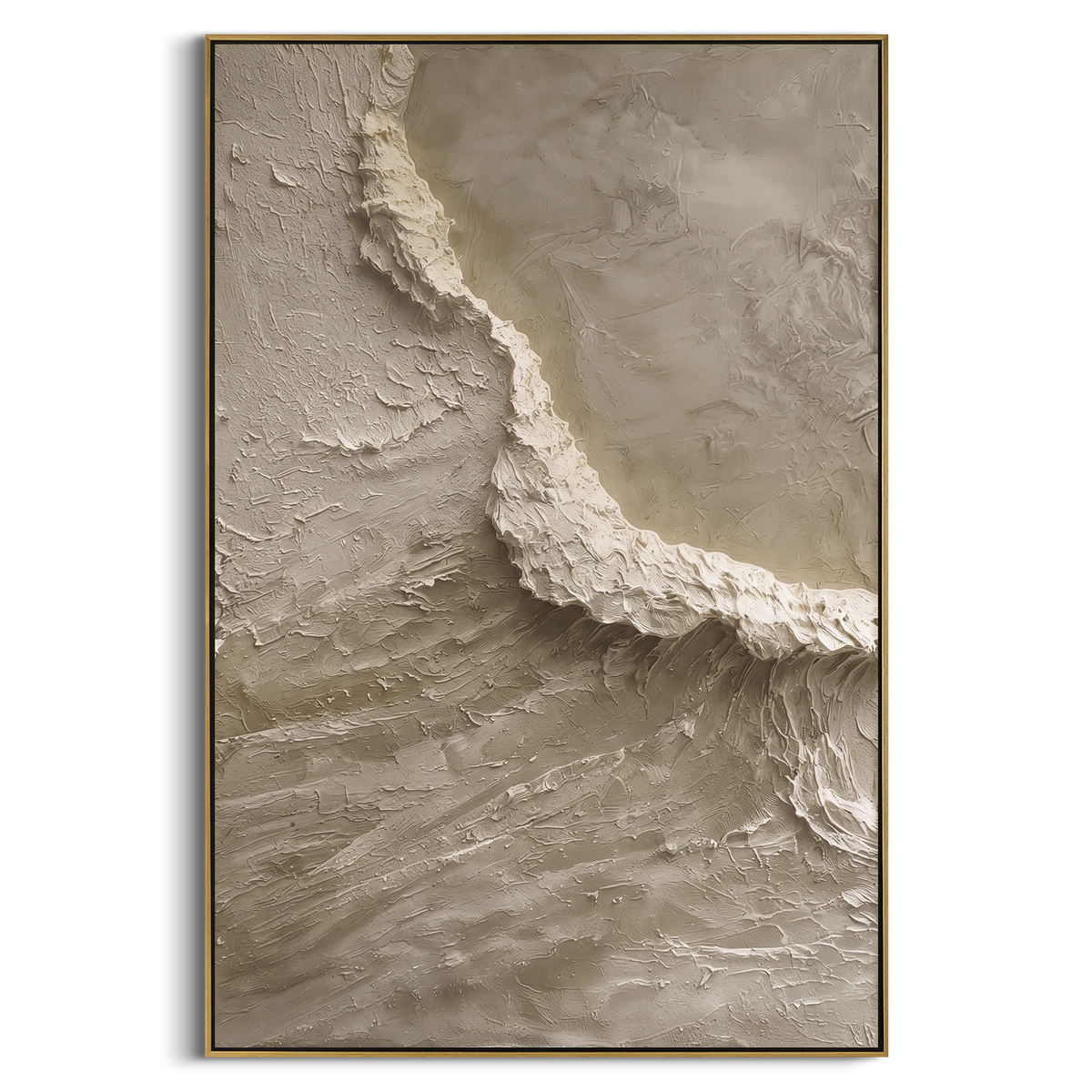 Taupe Cliff Edge Texture Relief focuses on this hand-painted textured canvas features layered landforms, mineral color transitions, raised terrain ridges, and atmospheric depth. The title and description are matched to the actual main image, so the visible subject, color balance, spacing, and surface movement stay specific to this product instead of using a repeated batch phrase. Raised palette-knife layers, sculpted impasto ridges, softened brush transitions, and tactile handmade texture give