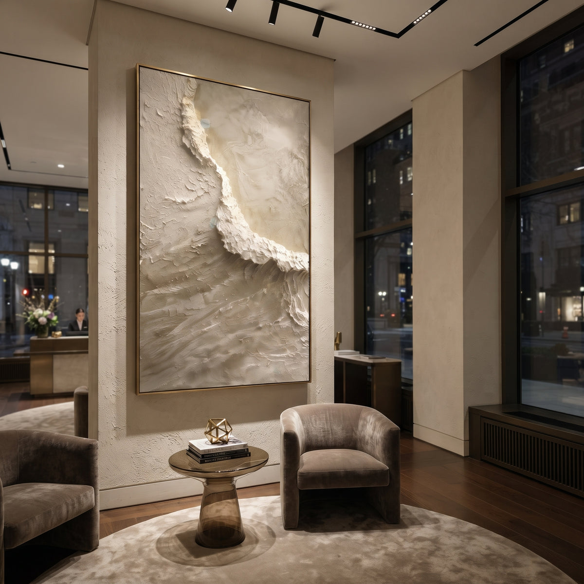 Taupe Cliff Edge Texture Relief focuses on this hand-painted textured canvas features layered landforms, mineral color transitions, raised terrain ridges, and atmospheric depth. The title and description are matched to the actual main image, so the visible subject, color balance, spacing, and surface movement stay specific to this product instead of using a repeated batch phrase. Raised palette-knife layers, sculpted impasto ridges, softened brush transitions, and tactile handmade texture give