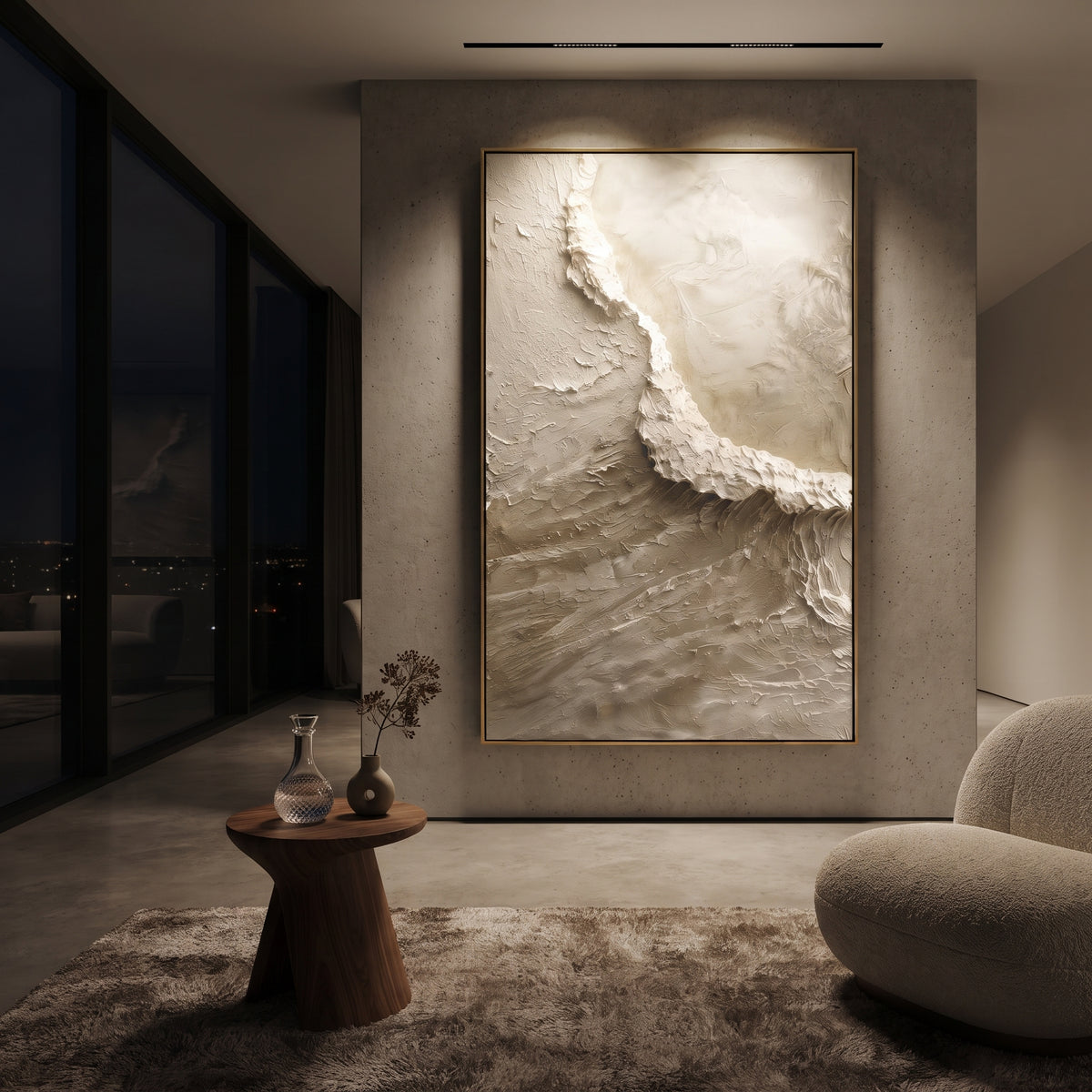 Taupe Cliff Edge Texture Relief focuses on this hand-painted textured canvas features layered landforms, mineral color transitions, raised terrain ridges, and atmospheric depth. The title and description are matched to the actual main image, so the visible subject, color balance, spacing, and surface movement stay specific to this product instead of using a repeated batch phrase. Raised palette-knife layers, sculpted impasto ridges, softened brush transitions, and tactile handmade texture give