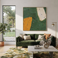 Ochre Bunker Golf Green Relief focuses on this hand-painted textured canvas features ochre sand bunker, white fairway strip, dark green putting surface, and scattered miniature golfers. The composition is described from the actual main image, so the visible subject, color balance, spacing, and surface movement stay specific to this product instead of reading like a batch title. Raised palette-knife layers, sculpted impasto ridges, softened brush transitions, and tactile handmade texture give the