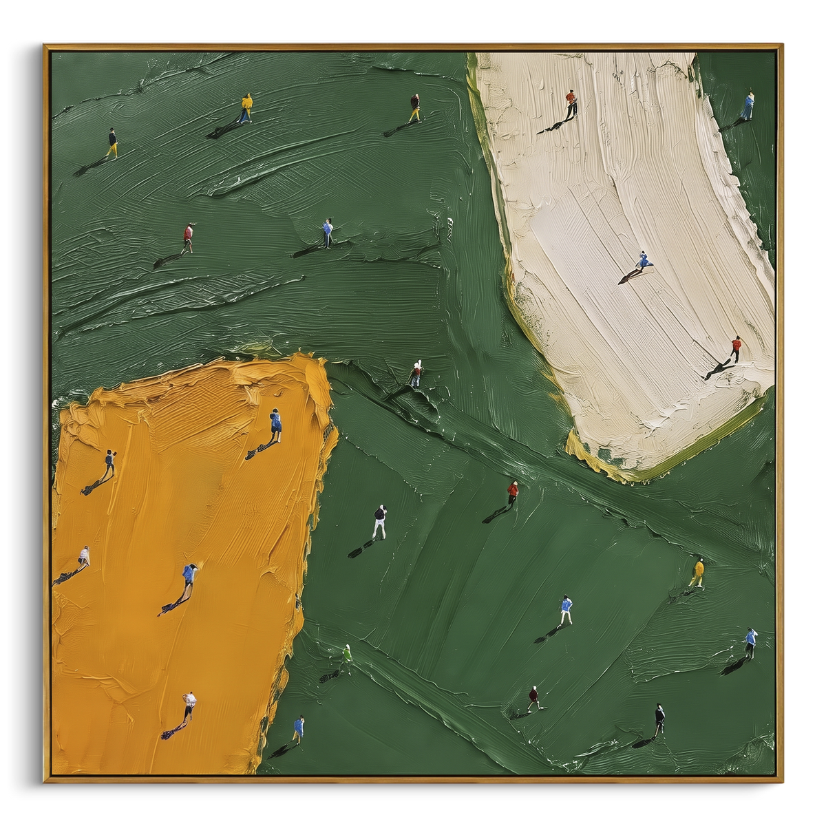 Ochre Bunker Golf Green Relief focuses on this hand-painted textured canvas features ochre sand bunker, white fairway strip, dark green putting surface, and scattered miniature golfers. The composition is described from the actual main image, so the visible subject, color balance, spacing, and surface movement stay specific to this product instead of reading like a batch title. Raised palette-knife layers, sculpted impasto ridges, softened brush transitions, and tactile handmade texture give the