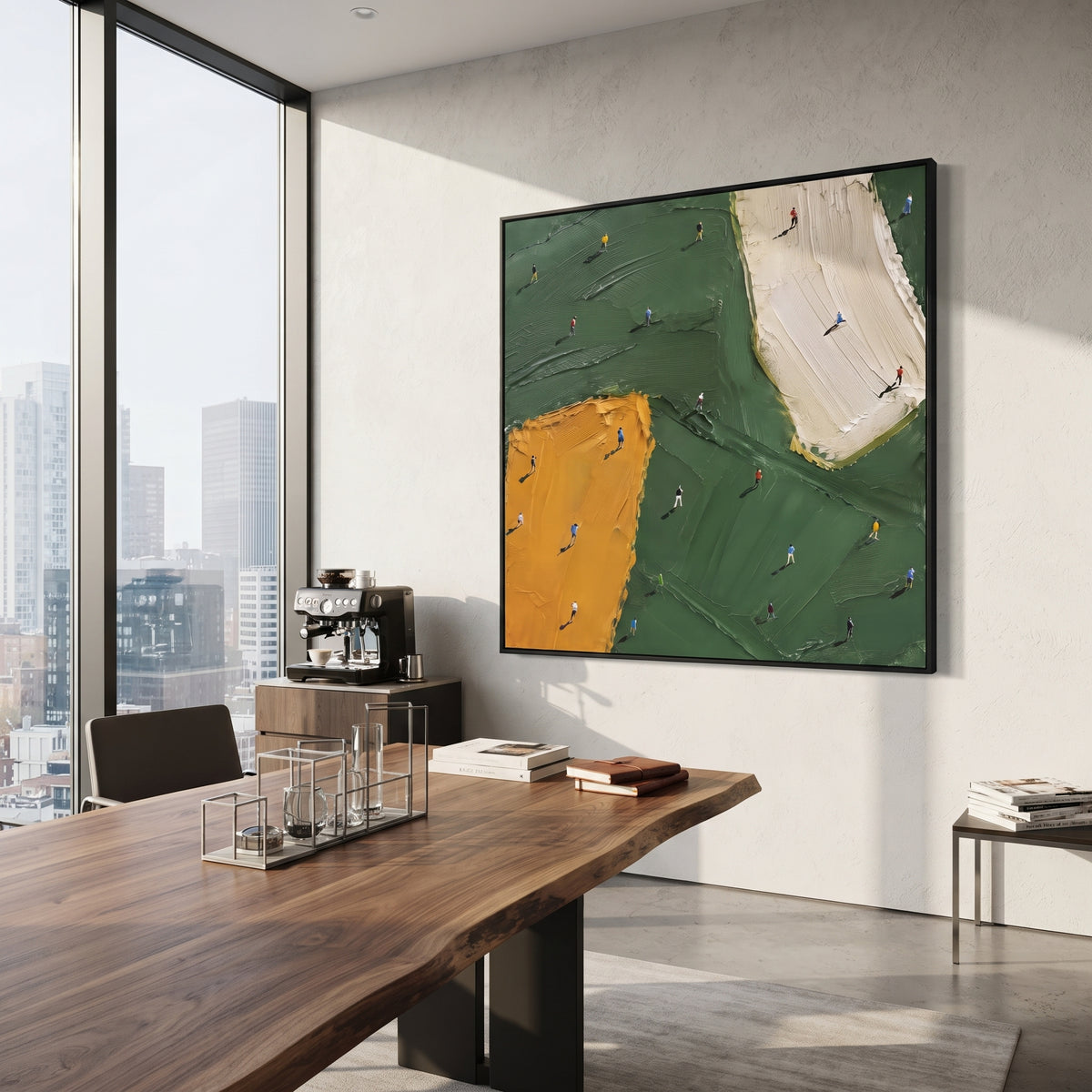 Ochre Bunker Golf Green Relief focuses on this hand-painted textured canvas features ochre sand bunker, white fairway strip, dark green putting surface, and scattered miniature golfers. The composition is described from the actual main image, so the visible subject, color balance, spacing, and surface movement stay specific to this product instead of reading like a batch title. Raised palette-knife layers, sculpted impasto ridges, softened brush transitions, and tactile handmade texture give the
