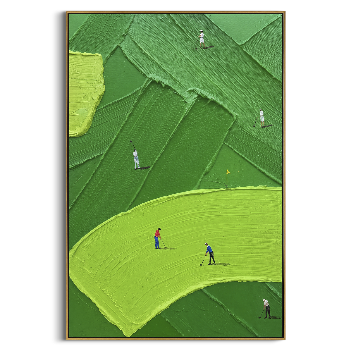 Lime Fairway Golfers Relief focuses on this hand-painted textured canvas features lime green fairway sweep, layered dark green turf panels, and small golfers crossing the course. The composition is described from the actual main image, so the visible subject, color balance, spacing, and surface movement stay specific to this product instead of reading like a batch title. Raised palette-knife layers, sculpted impasto ridges, softened brush transitions, and tactile handmade texture give the canvas