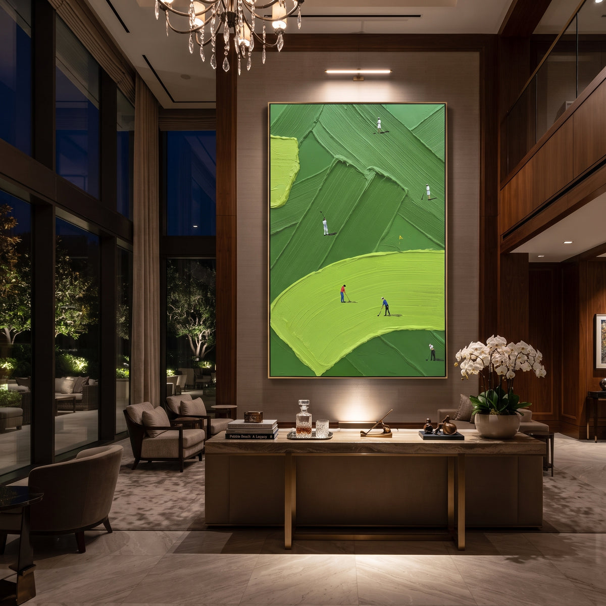 Lime Fairway Golfers Relief focuses on this hand-painted textured canvas features lime green fairway sweep, layered dark green turf panels, and small golfers crossing the course. The composition is described from the actual main image, so the visible subject, color balance, spacing, and surface movement stay specific to this product instead of reading like a batch title. Raised palette-knife layers, sculpted impasto ridges, softened brush transitions, and tactile handmade texture give the canvas