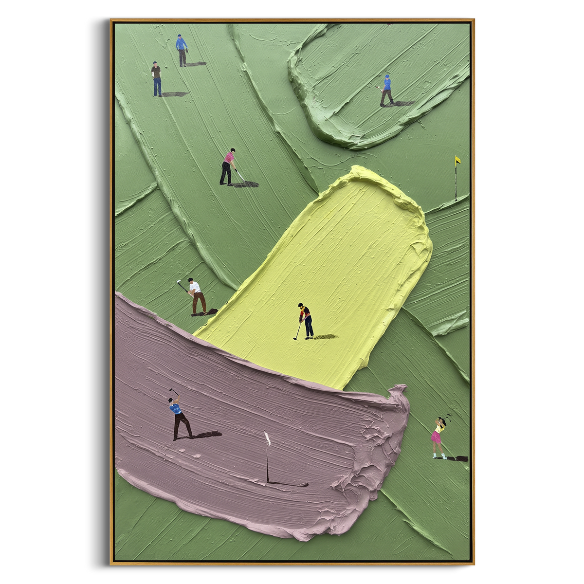 Purple Bunker Golf Course Relief focuses on this hand-painted textured canvas features purple sand bunker, pale yellow green, olive fairway blocks, and tiny golfer figures. The composition is described from the actual main image, so the visible subject, color balance, spacing, and surface movement stay specific to this product instead of reading like a batch title. Raised palette-knife layers, sculpted impasto ridges, softened brush transitions, and tactile handmade texture give the canvas