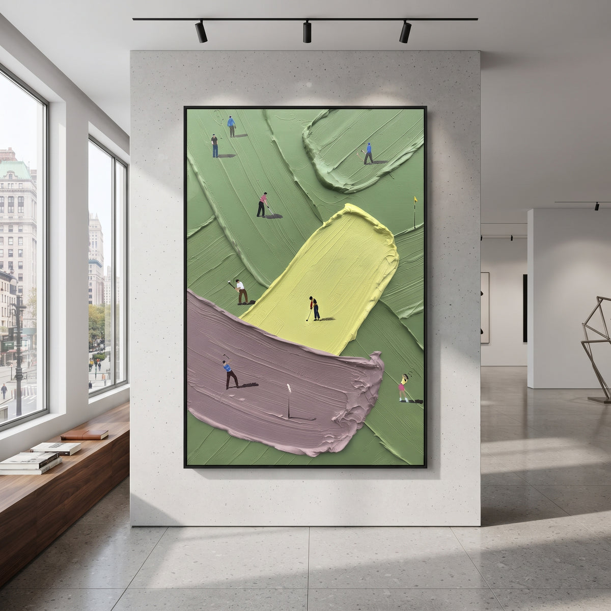 Purple Bunker Golf Course Relief focuses on this hand-painted textured canvas features purple sand bunker, pale yellow green, olive fairway blocks, and tiny golfer figures. The composition is described from the actual main image, so the visible subject, color balance, spacing, and surface movement stay specific to this product instead of reading like a batch title. Raised palette-knife layers, sculpted impasto ridges, softened brush transitions, and tactile handmade texture give the canvas
