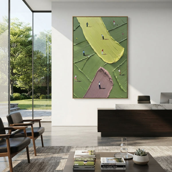 "Yellow Putting Green Golf Relief" - Modern Heavy Impasto Golf Course Landscape | Green & Yellow Palette Knife Painting | Luxury Vertical Wall Art #PT 1933