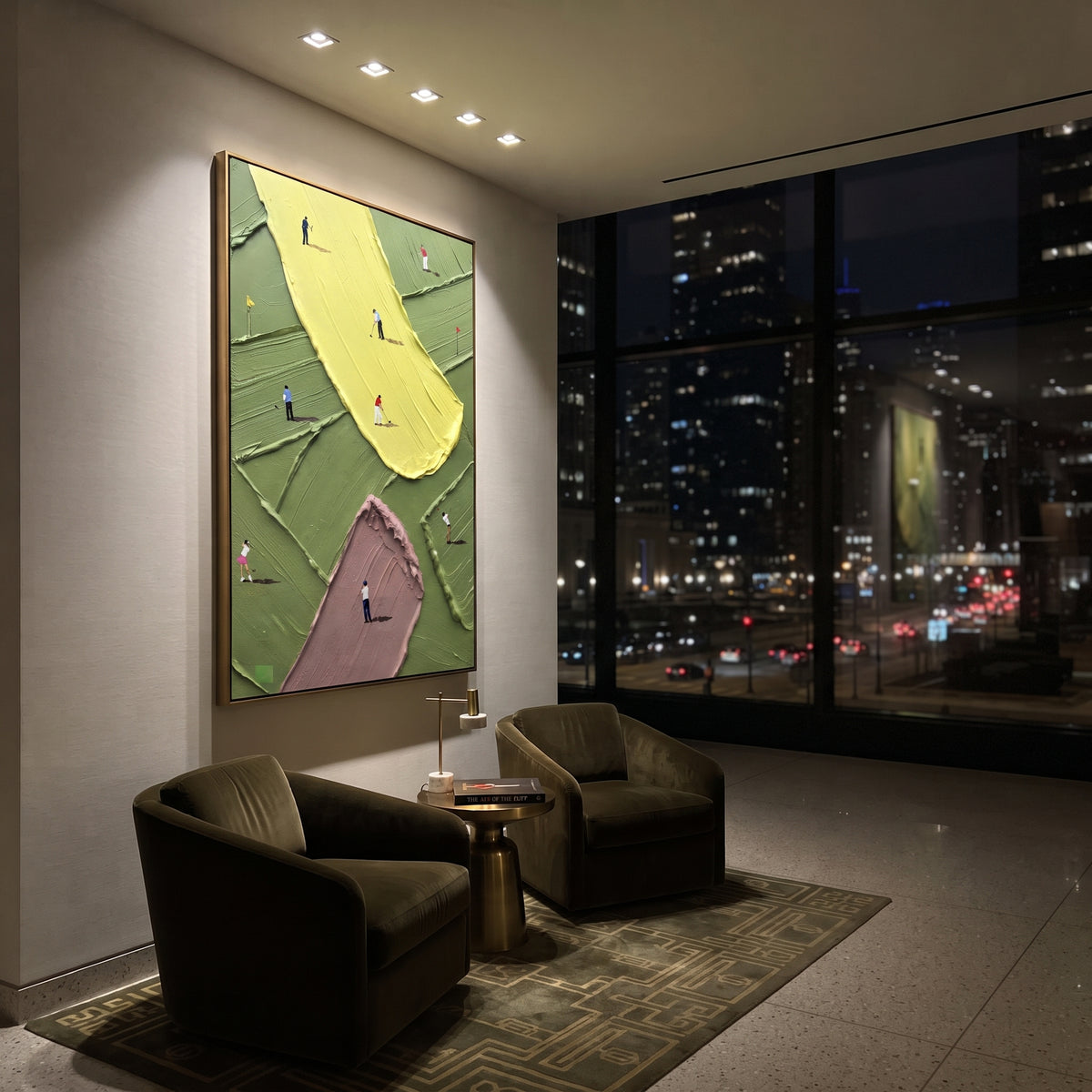 Yellow Putting Green Golf Relief focuses on this hand-painted textured canvas features long yellow putting green, mauve bunker, dark green fairway tiles, and scattered players. The composition is described from the actual main image, so the visible subject, color balance, spacing, and surface movement stay specific to this product instead of reading like a batch title. Raised palette-knife layers, sculpted impasto ridges, softened brush transitions, and tactile handmade texture give the canvas