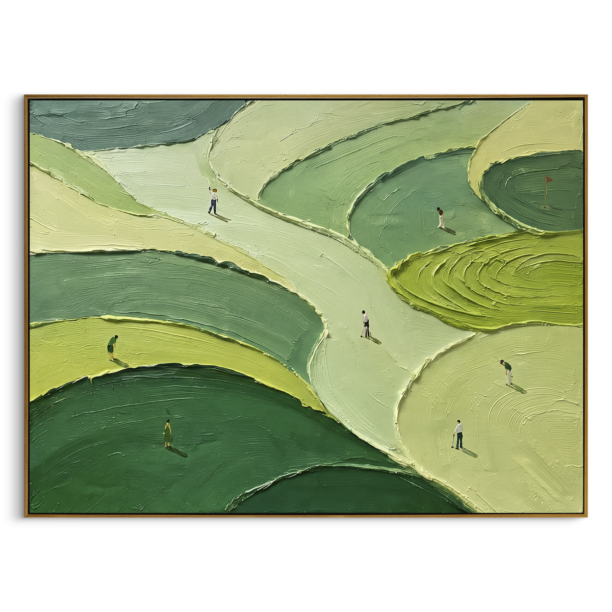 Layered Fairway Golf Course focuses on this hand-painted textured canvas features wide cream fairway paths, rolling green course bands, and distant golfers in a panoramic layout. The composition is described from the actual main image, so the visible subject, color balance, spacing, and surface movement stay specific to this product instead of reading like a batch title. Raised palette-knife layers, sculpted impasto ridges, softened brush transitions, and tactile handmade texture give the canvas