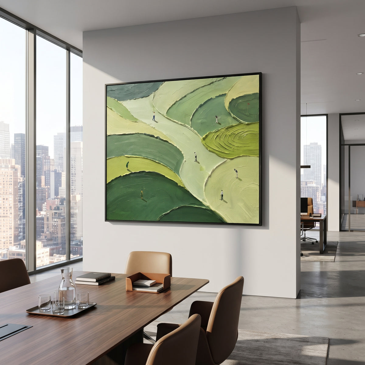 Layered Fairway Golf Course focuses on this hand-painted textured canvas features wide cream fairway paths, rolling green course bands, and distant golfers in a panoramic layout. The composition is described from the actual main image, so the visible subject, color balance, spacing, and surface movement stay specific to this product instead of reading like a batch title. Raised palette-knife layers, sculpted impasto ridges, softened brush transitions, and tactile handmade texture give the canvas