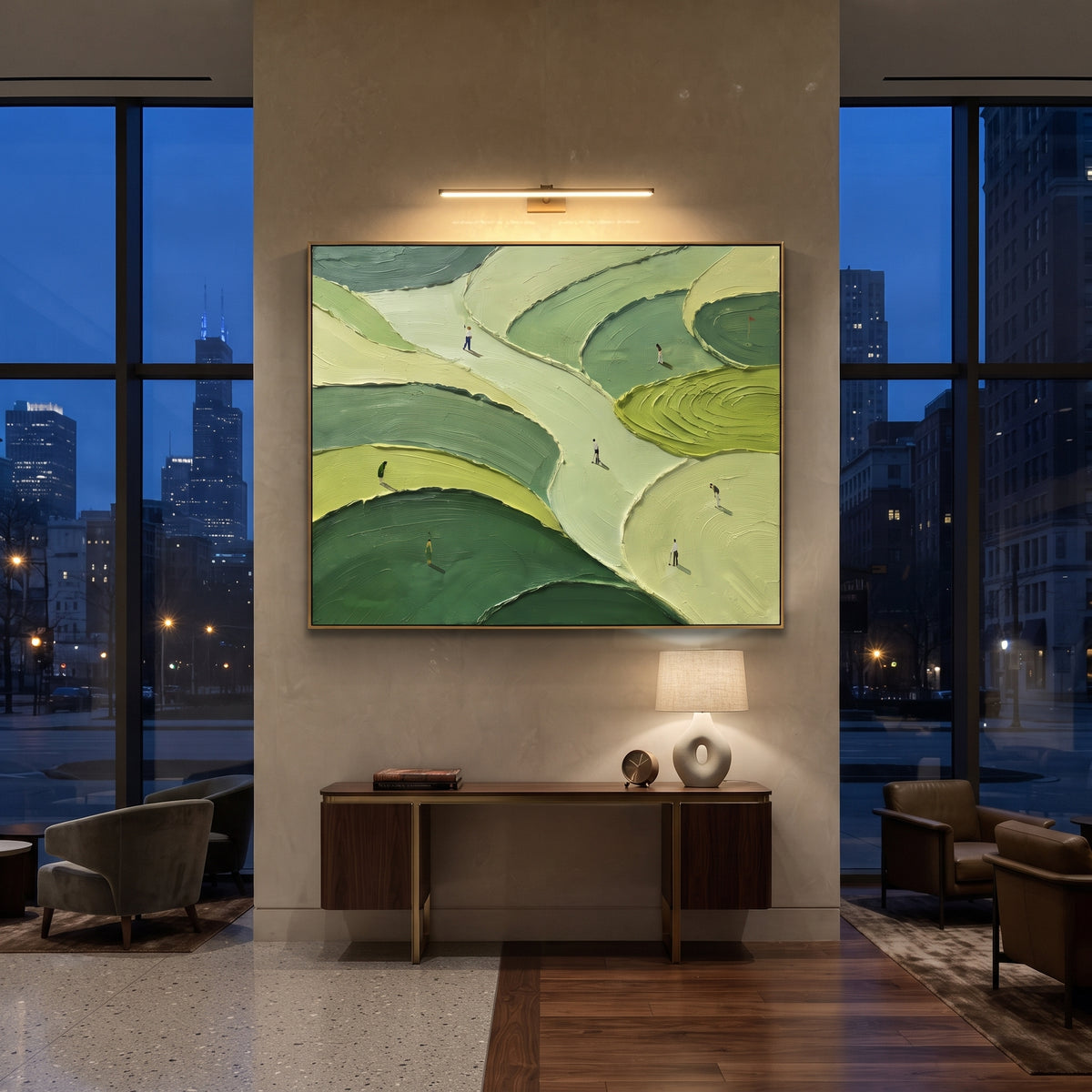 Layered Fairway Golf Course focuses on this hand-painted textured canvas features wide cream fairway paths, rolling green course bands, and distant golfers in a panoramic layout. The composition is described from the actual main image, so the visible subject, color balance, spacing, and surface movement stay specific to this product instead of reading like a batch title. Raised palette-knife layers, sculpted impasto ridges, softened brush transitions, and tactile handmade texture give the canvas