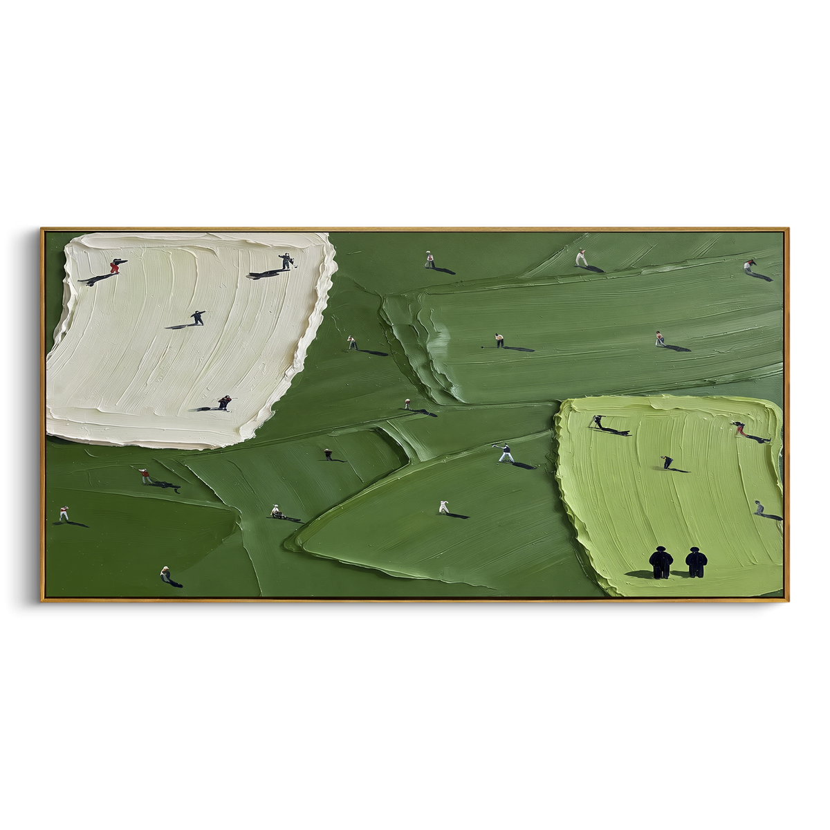 White Bunker Golf Course focuses on this hand-painted textured canvas features large white bunker, dark green course fields, lime putting green, and tiny black spectator figures. The title and description are matched to the actual main image, so the visible subject, color balance, spacing, and surface movement stay specific to this product instead of using a repeated batch phrase. Raised palette-knife layers, sculpted impasto ridges, softened brush transitions, and tactile handmade texture give
