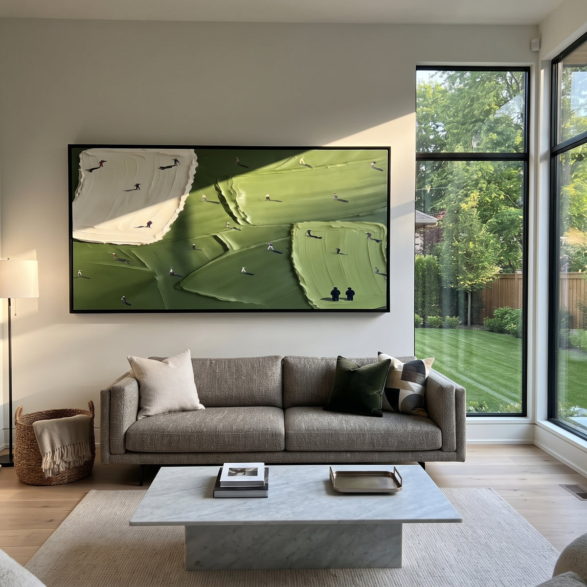 White Bunker Golf Course focuses on this hand-painted textured canvas features large white bunker, dark green course fields, lime putting green, and tiny black spectator figures. The title and description are matched to the actual main image, so the visible subject, color balance, spacing, and surface movement stay specific to this product instead of using a repeated batch phrase. Raised palette-knife layers, sculpted impasto ridges, softened brush transitions, and tactile handmade texture give