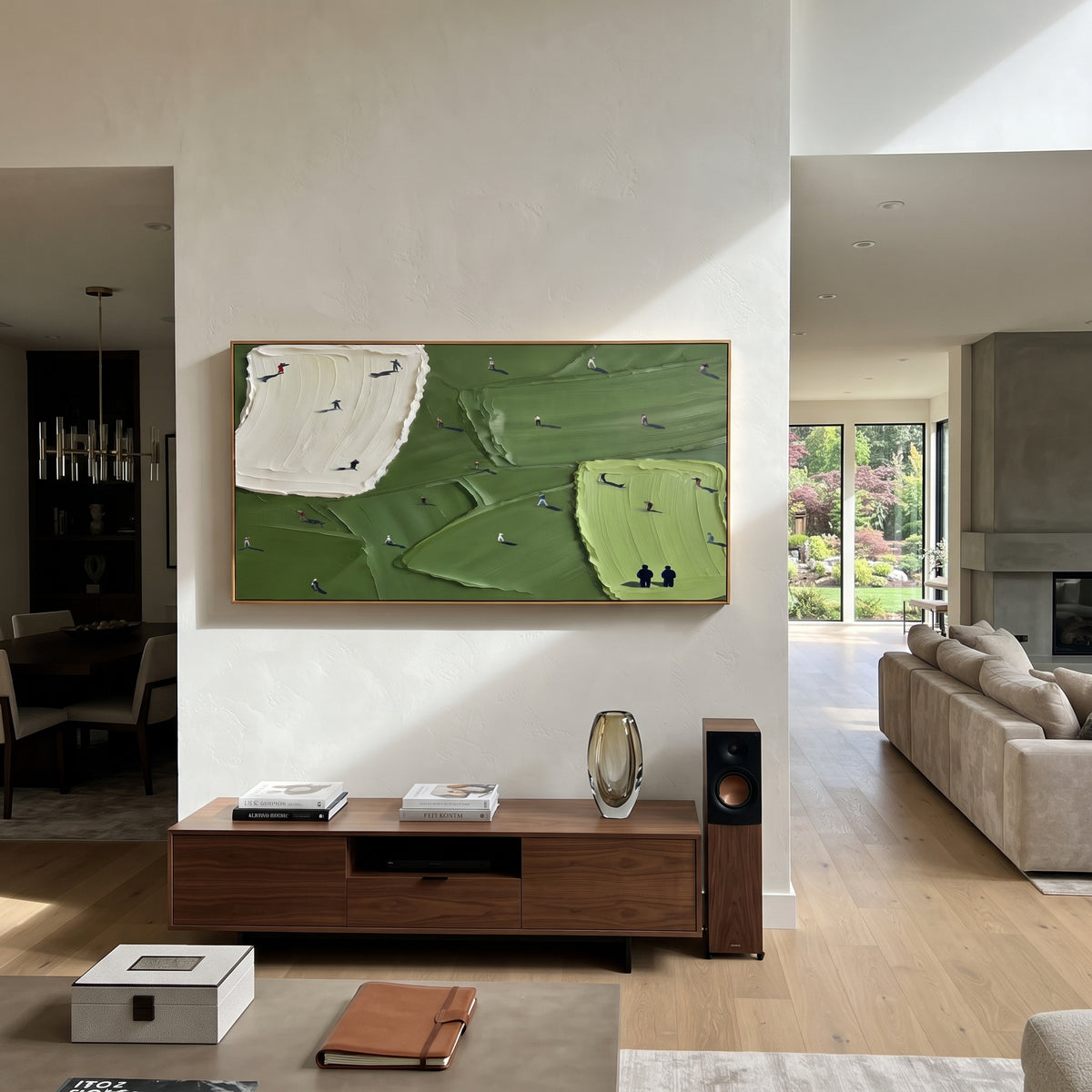 White Bunker Golf Course focuses on this hand-painted textured canvas features large white bunker, dark green course fields, lime putting green, and tiny black spectator figures. The title and description are matched to the actual main image, so the visible subject, color balance, spacing, and surface movement stay specific to this product instead of using a repeated batch phrase. Raised palette-knife layers, sculpted impasto ridges, softened brush transitions, and tactile handmade texture give