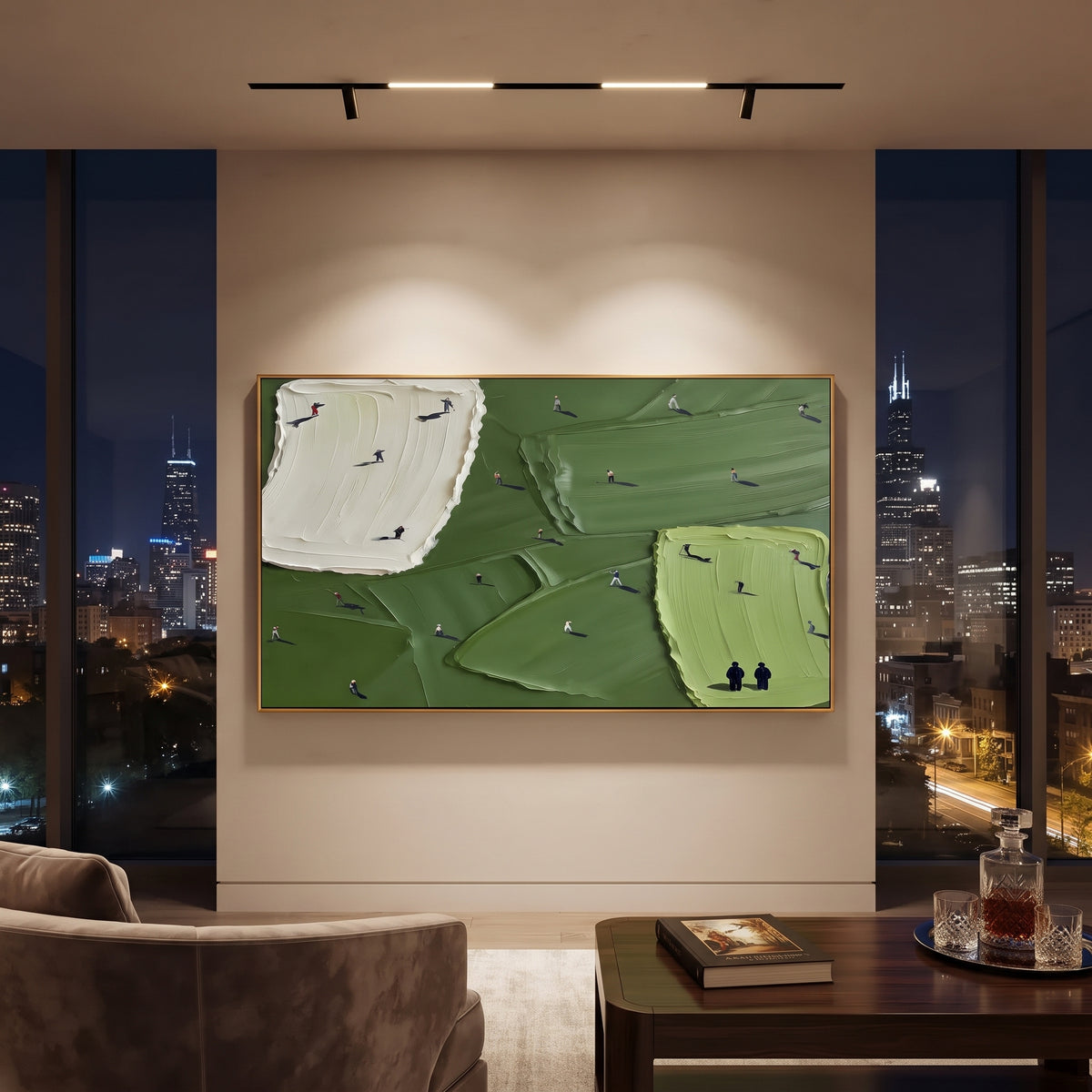 Twin Bunker Golf Fairway focuses on this hand-painted textured canvas features two pale sand bunkers, broad green fairways, lime putting area, and small players across the course. The composition is described from the actual main image, so the visible subject, color balance, spacing, and surface movement stay specific to this product instead of reading like a batch title. Raised palette-knife layers, sculpted impasto ridges, softened brush transitions, and tactile handmade texture give the