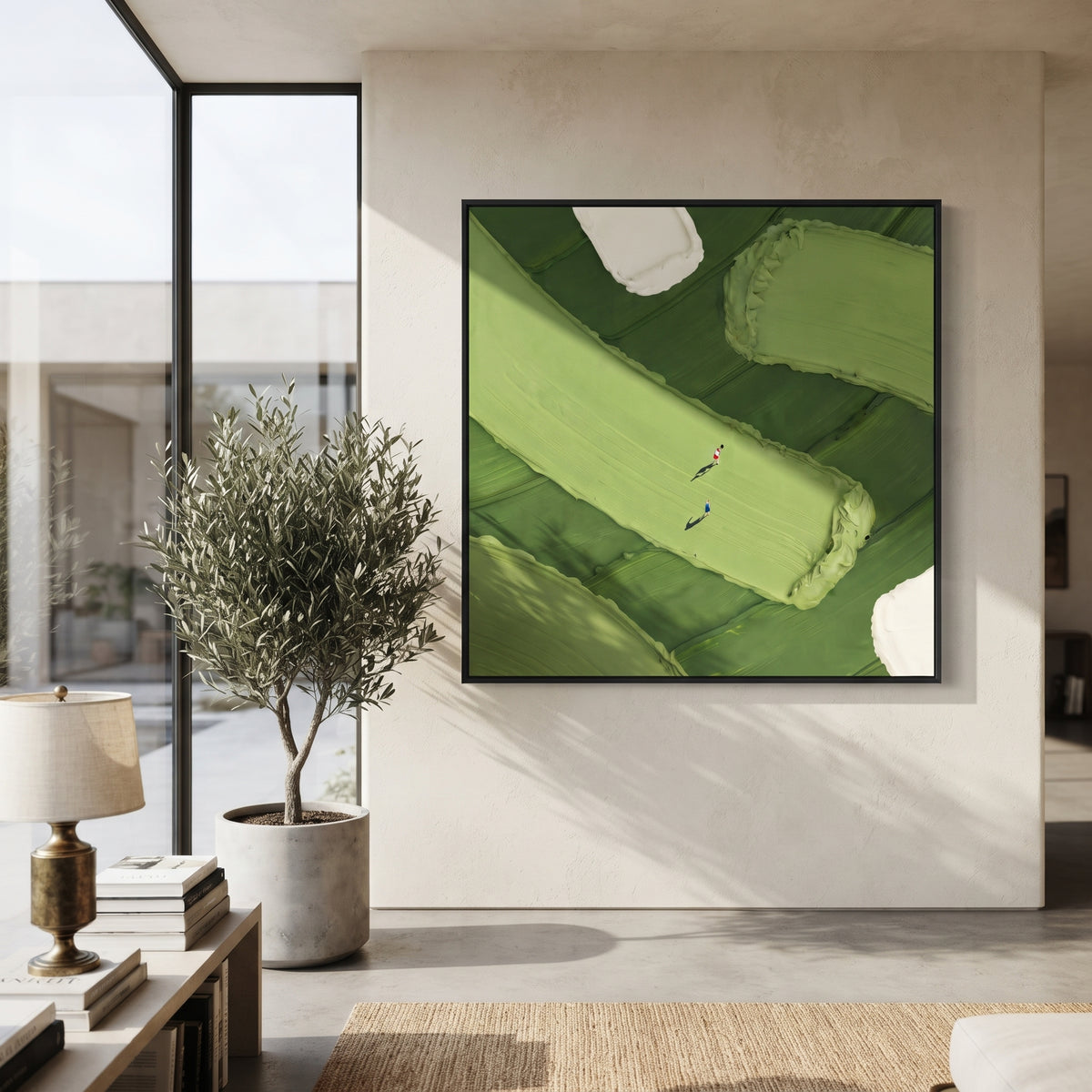 Diagonal Green Golf Course Relief focuses on this hand-painted textured canvas features diagonal lime fairway, layered green turf ridges, white bunker corners, and tiny golfers. The composition is described from the actual main image, so the visible subject, color balance, spacing, and surface movement stay specific to this product instead of reading like a batch title. Raised palette-knife layers, sculpted impasto ridges, softened brush transitions, and tactile handmade texture give the canvas