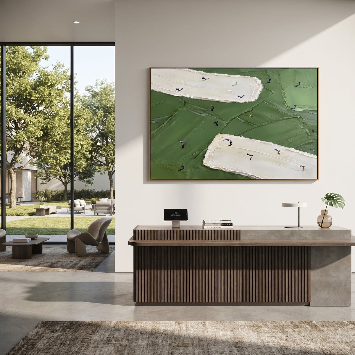 Double White Bunker Golf focuses on this hand-painted textured canvas features two long white sand bunkers, deep green fairway texture, and golfers moving across the middle. The composition is described from the actual main image, so the visible subject, color balance, spacing, and surface movement stay specific to this product instead of reading like a batch title. Raised palette-knife layers, sculpted impasto ridges, softened brush transitions, and tactile handmade texture give the canvas