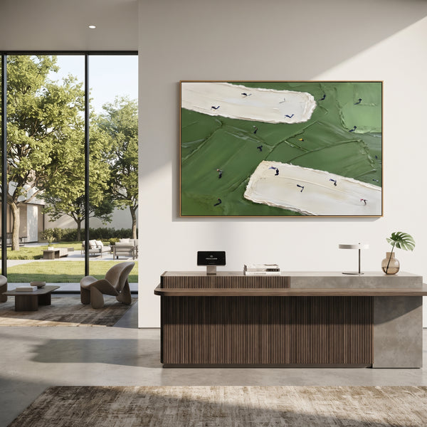 "Double White Bunker Golf" - Modern Heavy Impasto Golf Course Landscape | Green & White Palette Knife Painting | Luxury Horizontal Wall Art #PT 1938