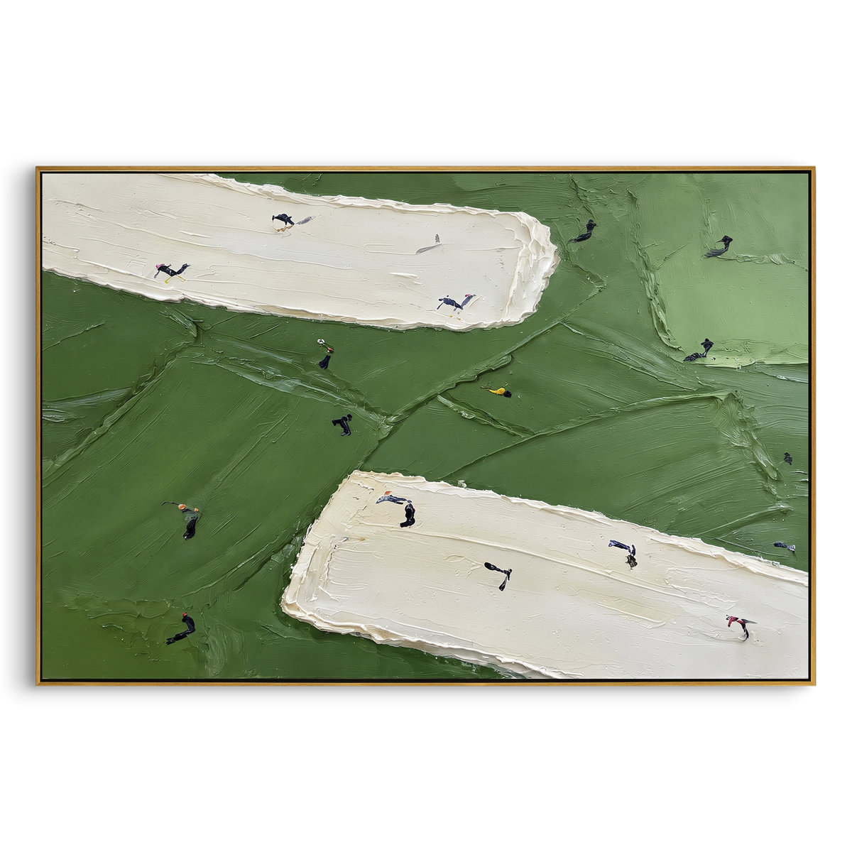 Double White Bunker Golf focuses on this hand-painted textured canvas features two long white sand bunkers, deep green fairway texture, and golfers moving across the middle. The composition is described from the actual main image, so the visible subject, color balance, spacing, and surface movement stay specific to this product instead of reading like a batch title. Raised palette-knife layers, sculpted impasto ridges, softened brush transitions, and tactile handmade texture give the canvas