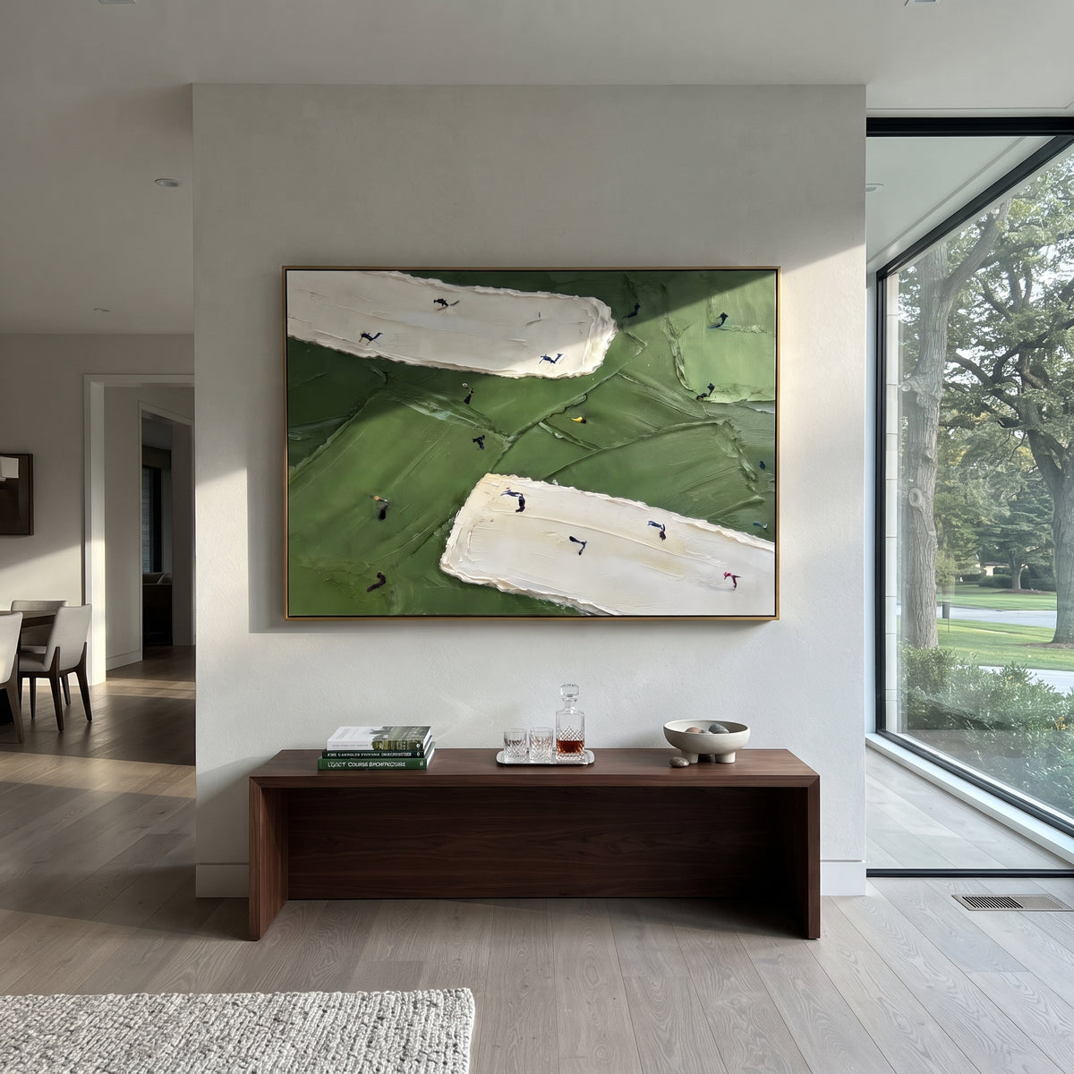 Double White Bunker Golf focuses on this hand-painted textured canvas features two long white sand bunkers, deep green fairway texture, and golfers moving across the middle. The composition is described from the actual main image, so the visible subject, color balance, spacing, and surface movement stay specific to this product instead of reading like a batch title. Raised palette-knife layers, sculpted impasto ridges, softened brush transitions, and tactile handmade texture give the canvas