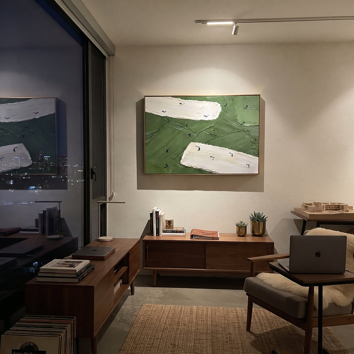 Double White Bunker Golf focuses on this hand-painted textured canvas features two long white sand bunkers, deep green fairway texture, and golfers moving across the middle. The composition is described from the actual main image, so the visible subject, color balance, spacing, and surface movement stay specific to this product instead of reading like a batch title. Raised palette-knife layers, sculpted impasto ridges, softened brush transitions, and tactile handmade texture give the canvas